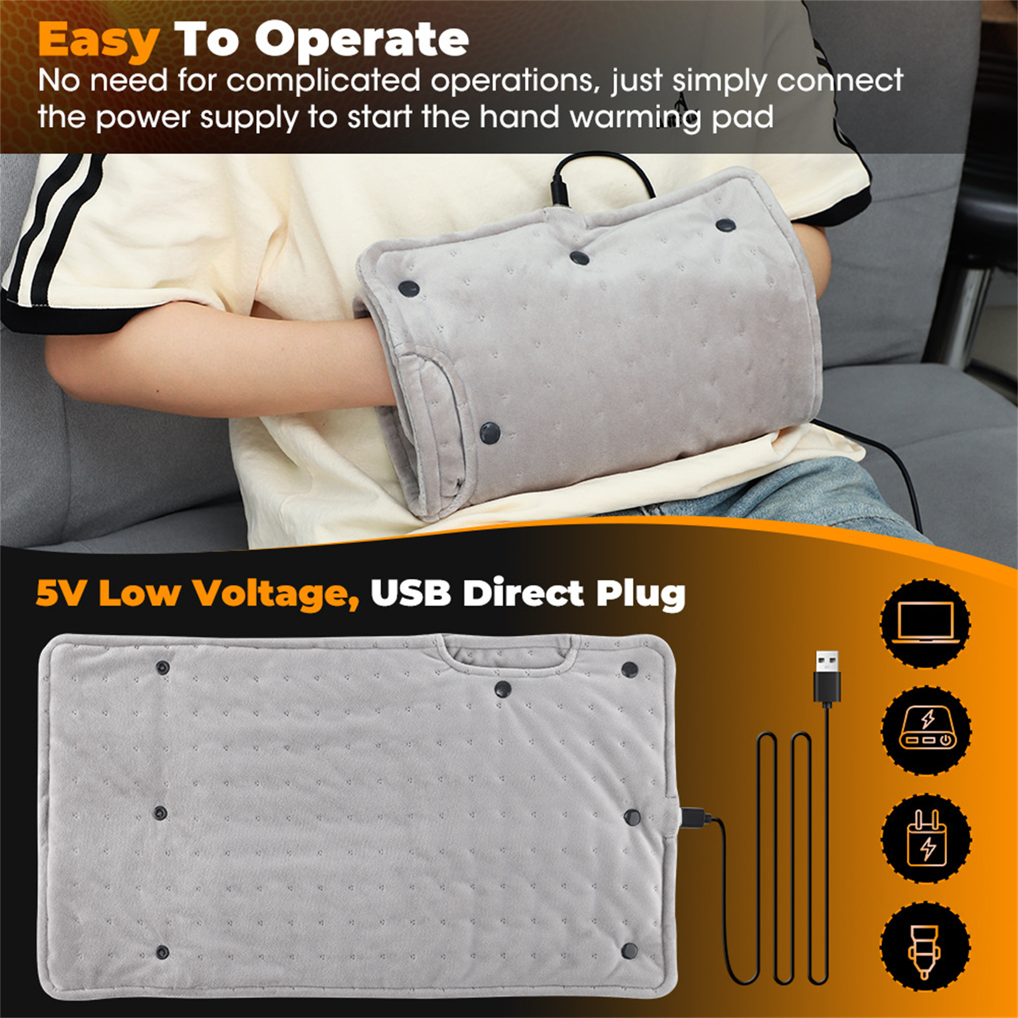 Eine Person benutzt ein Handwärmepad auf einem Sofa, mit Text über USB-Stecker und Spannung.