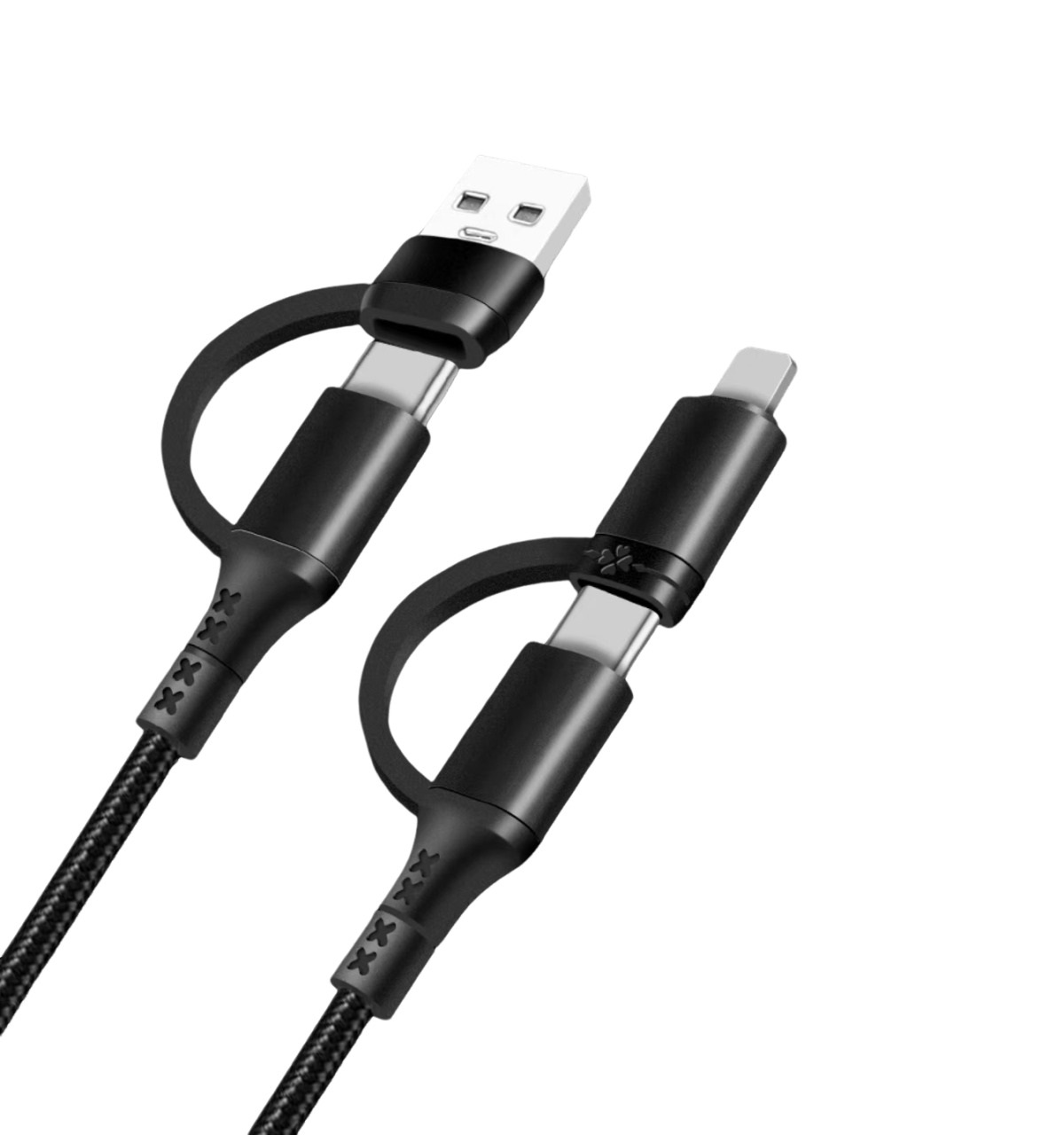 Schwarzes USB-Kabel mit USB-A- und USB-C-Anschlüssen.