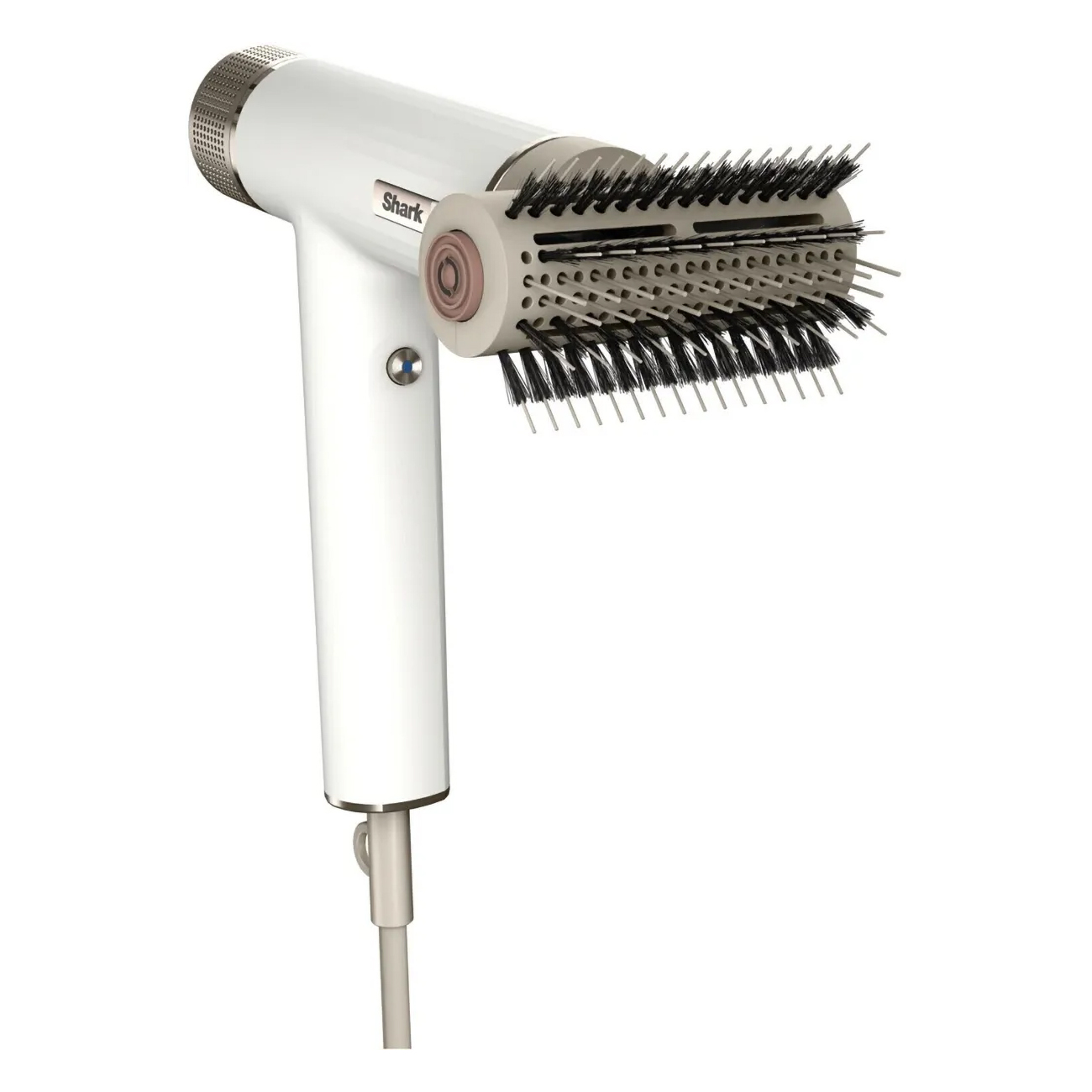 Biała suszarka do włosów z obrotową szczotką.