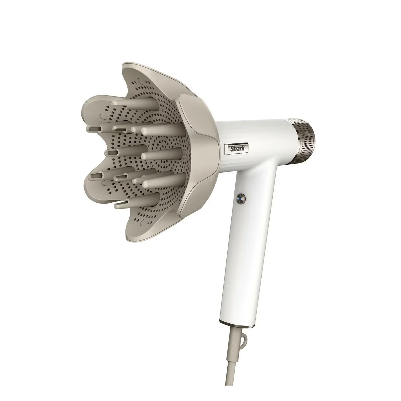 Biała suszarka do włosów z szeroką dyszą. Białe tło.