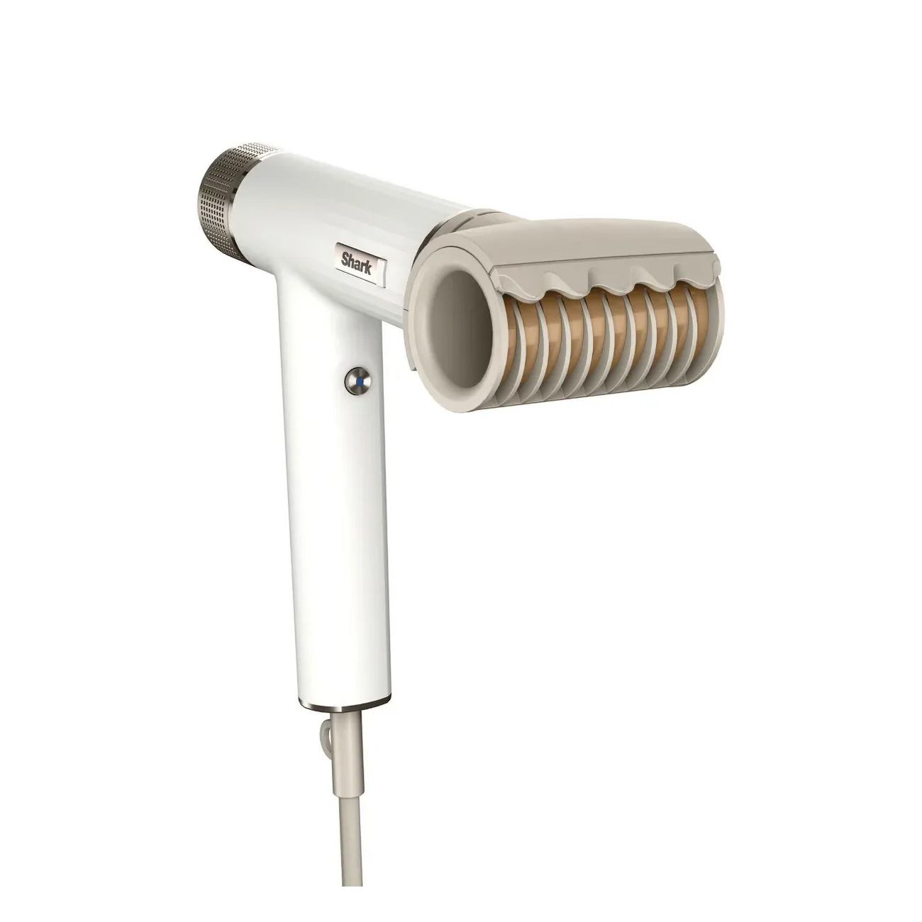 Biała suszarka do włosów z obrotową nasadką szczotkową. Izolowana.