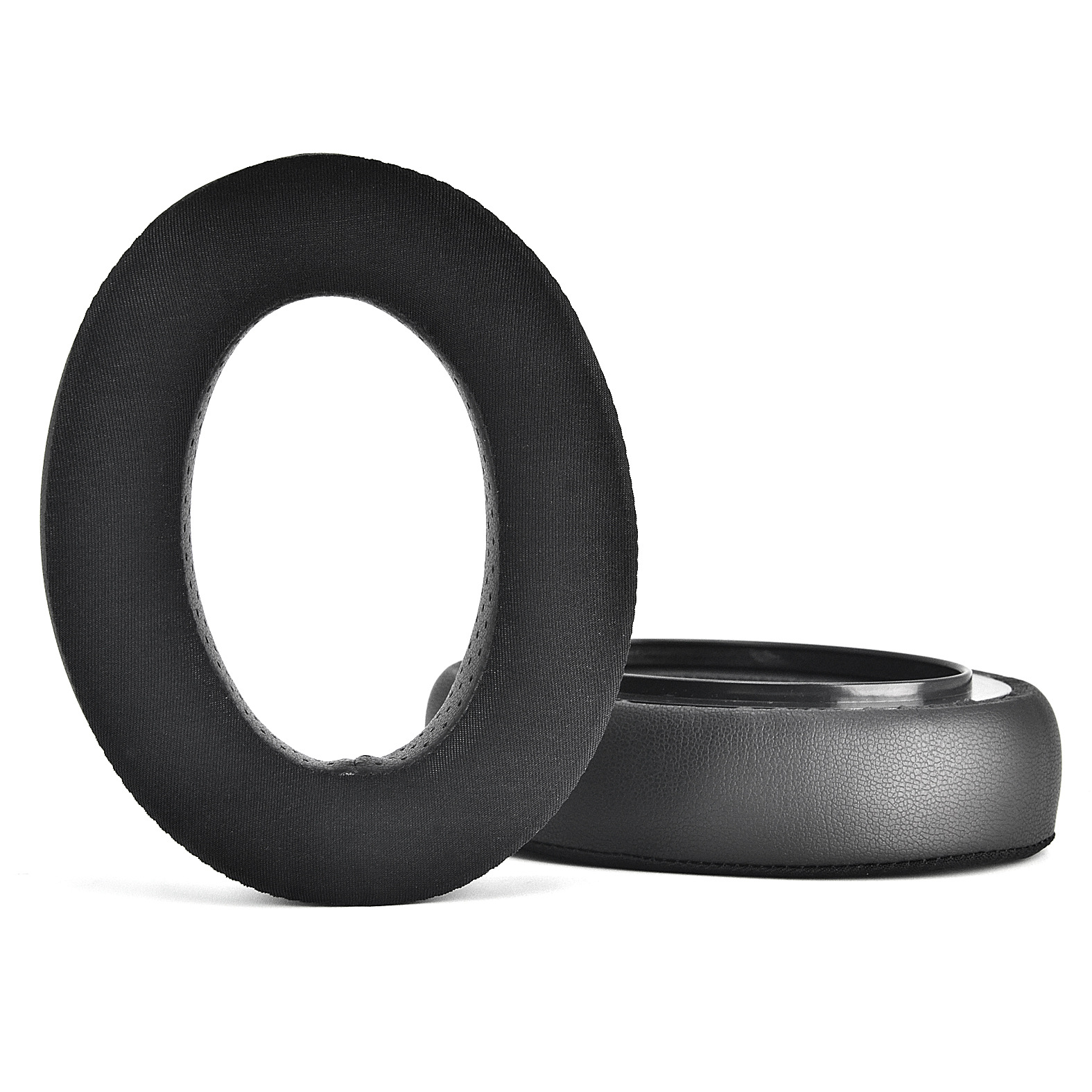 Paar schwarze Kopfhörer-Ohrpolster, rund und dick.