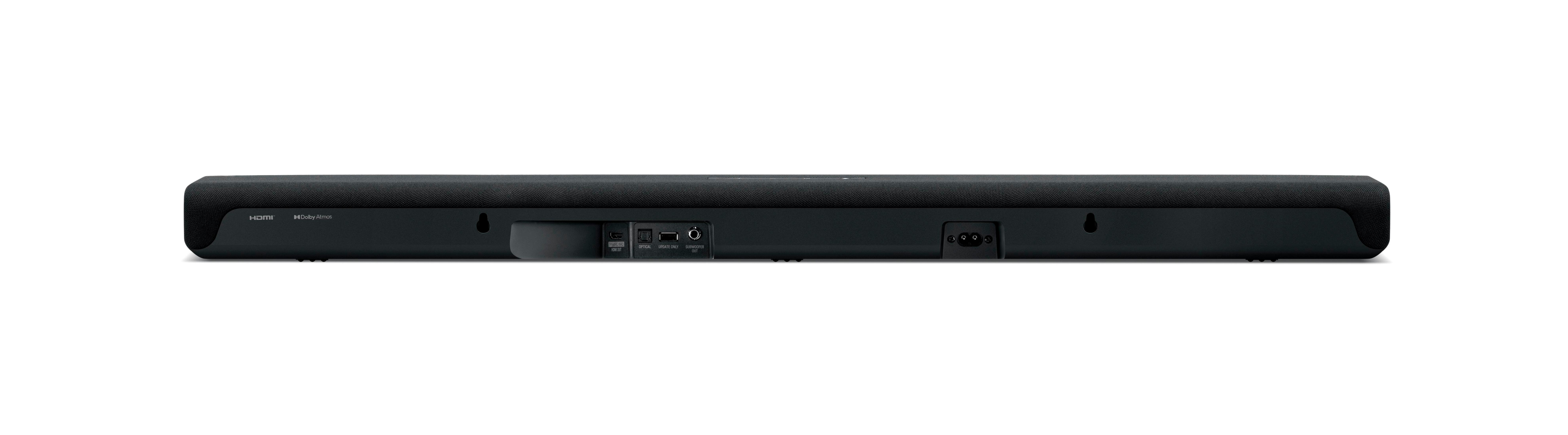 Soundbar nera con varie porte sul retro. HDMI e altri ingressi visibili.