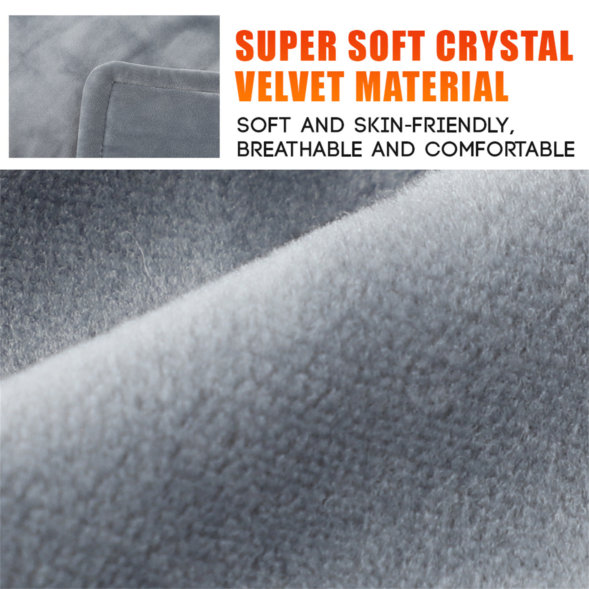 Nahaufnahme von grauem Samtmaterial mit dem Text 'SUPER SOFT CRYSTAL VELVET MATERIAL'.