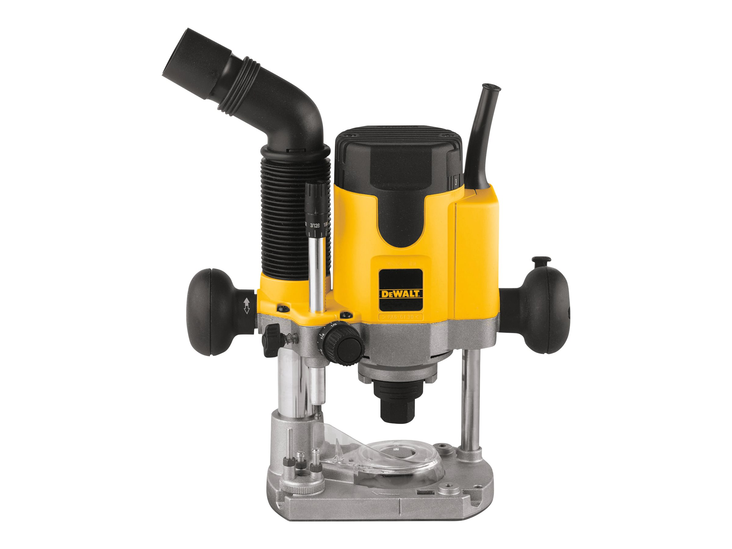 Strumento router DeWalt giallo e nero. Ha una base, un motore e una maniglia nera.