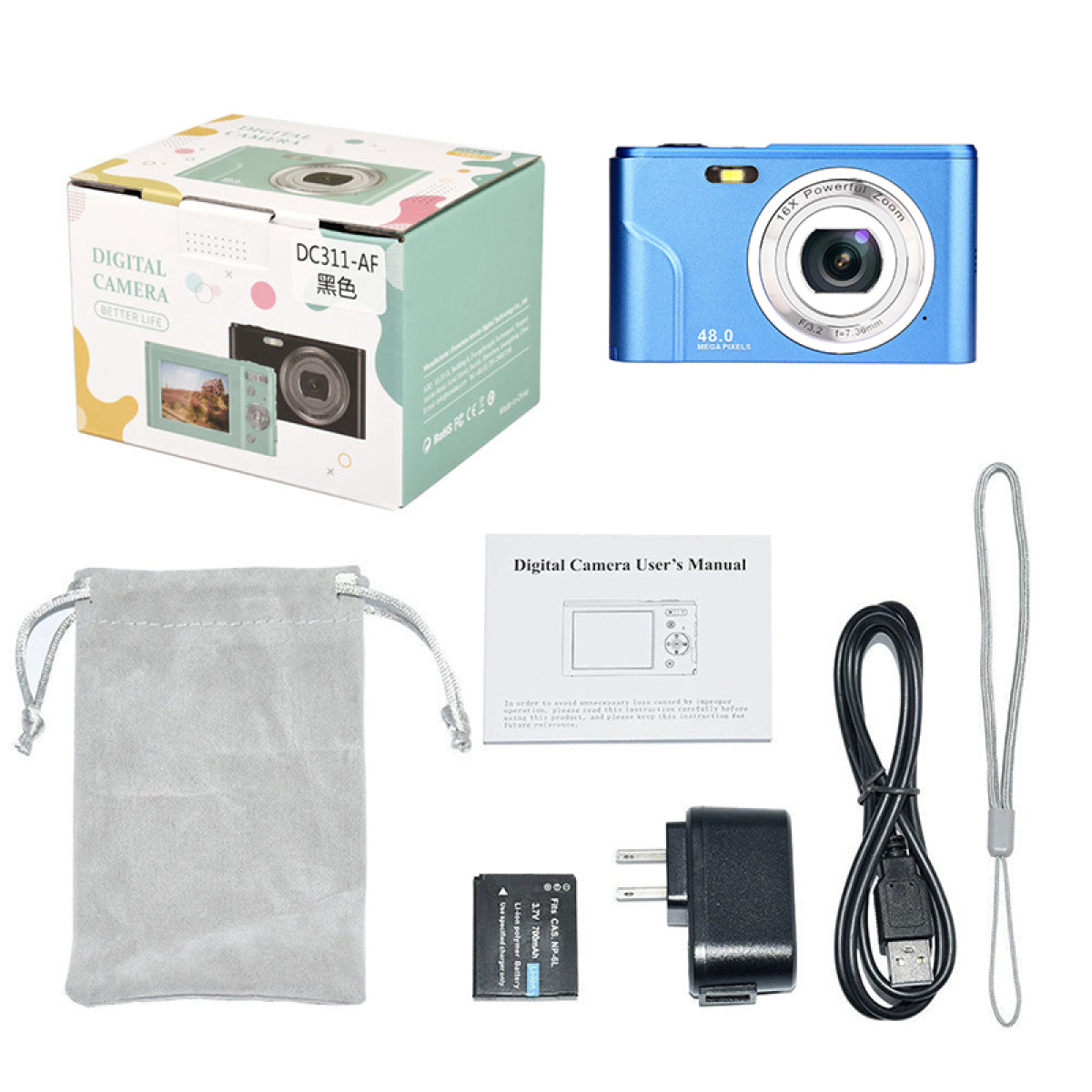 Niebieski aparat, opakowanie, akcesoria i instrukcja obsługi.