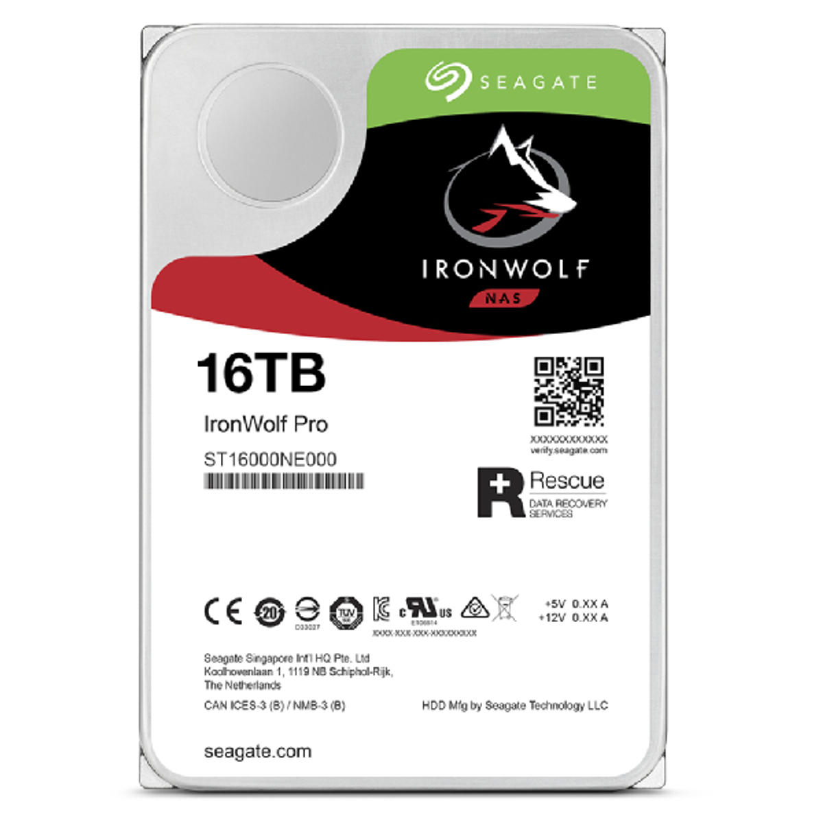 Dysk twardy Seagate IronWolf Pro 16TB z zieloną i czerwoną etykietą, białe tło.