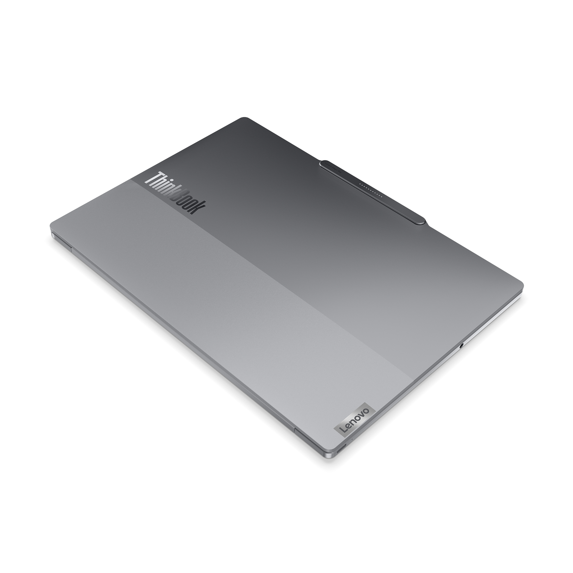 Un laptop grigio con logo ThinkBook in alto a sinistra, logo Lenovo in basso.