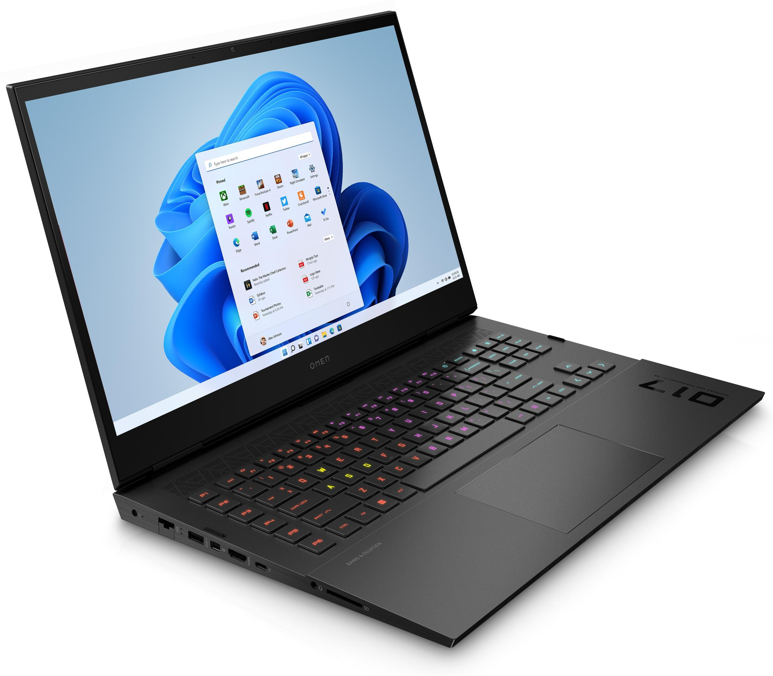 Ein schwarzer Omen-Laptop, geöffnet, zeigt eine Windows 11-Oberfläche auf seinem Bildschirm. Die Tastatur ist bunt.