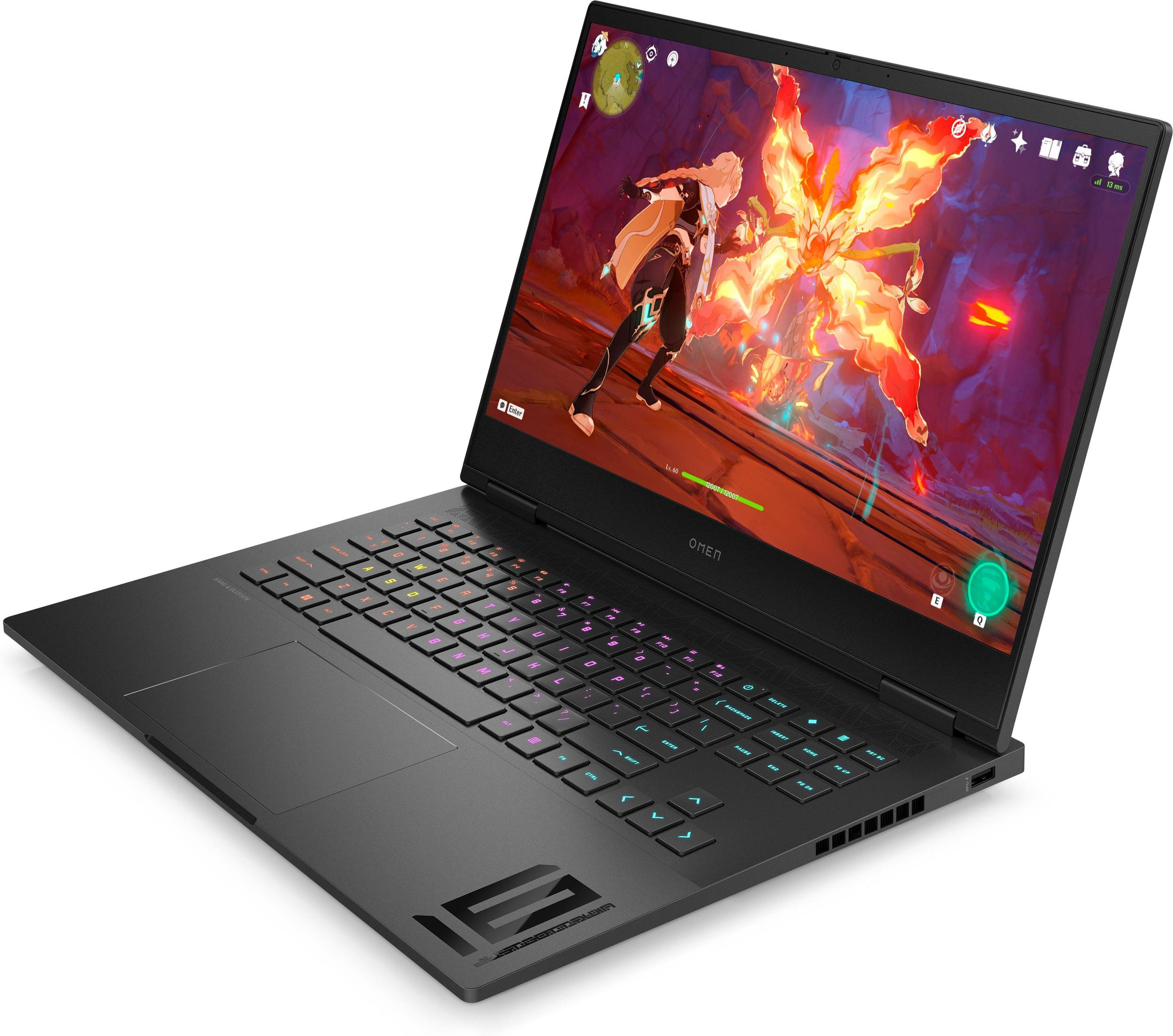 Schwarzer Laptop mit Spiel auf dem Bildschirm. Das Spiel zeigt einen Charakter mit gelben Flammen.