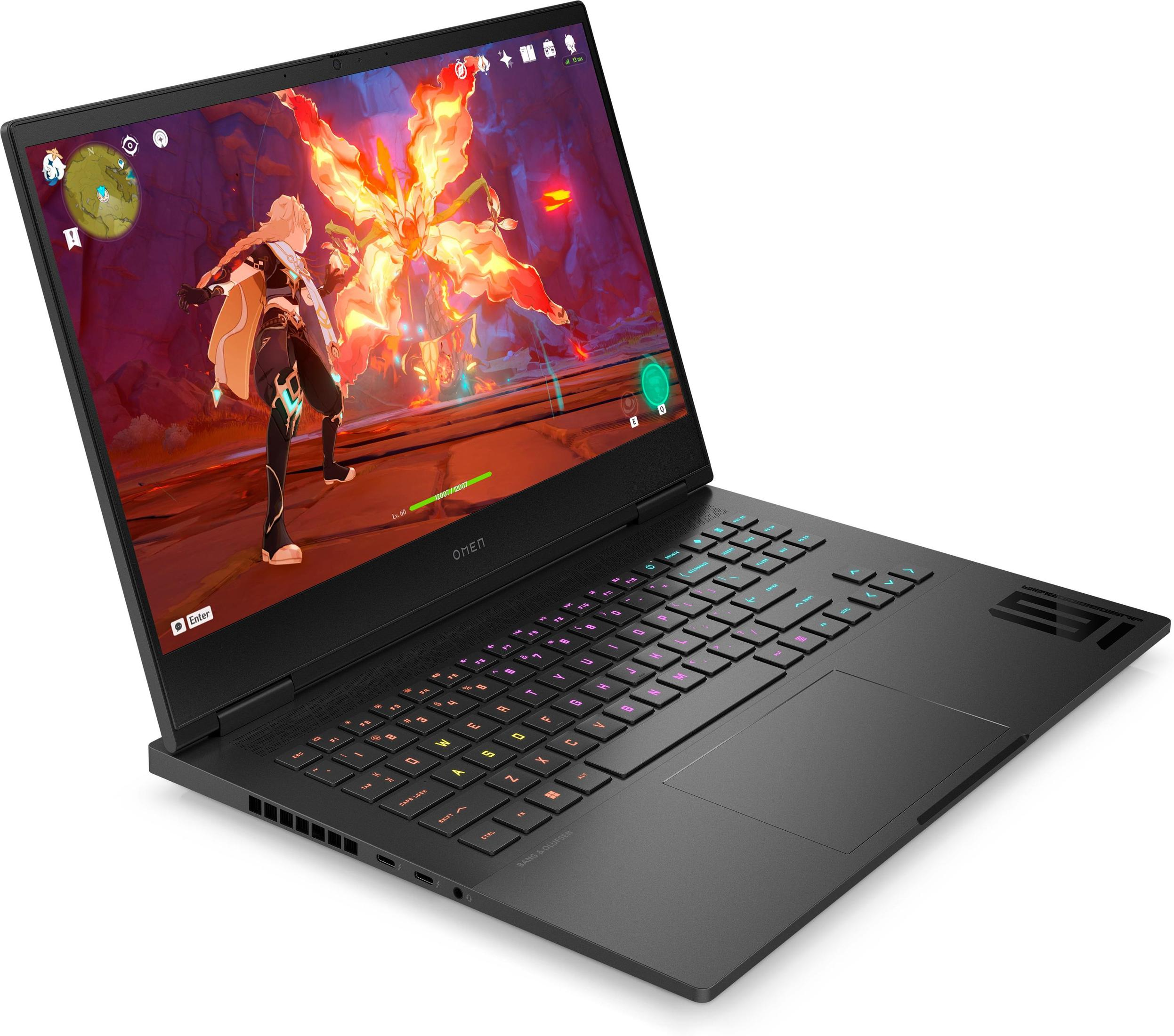 Ein geöffneter schwarzer Laptop, der eine Spielszene anzeigt. Die Tastatur ist sichtbar.