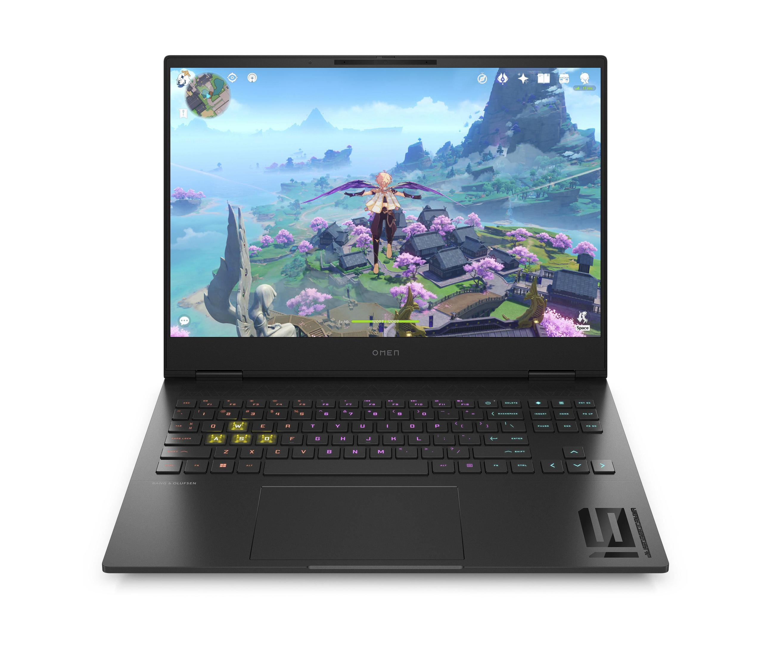 Ein schwarzer Laptop zeigt eine Videospielszenen. Omen-Logo ist sichtbar.