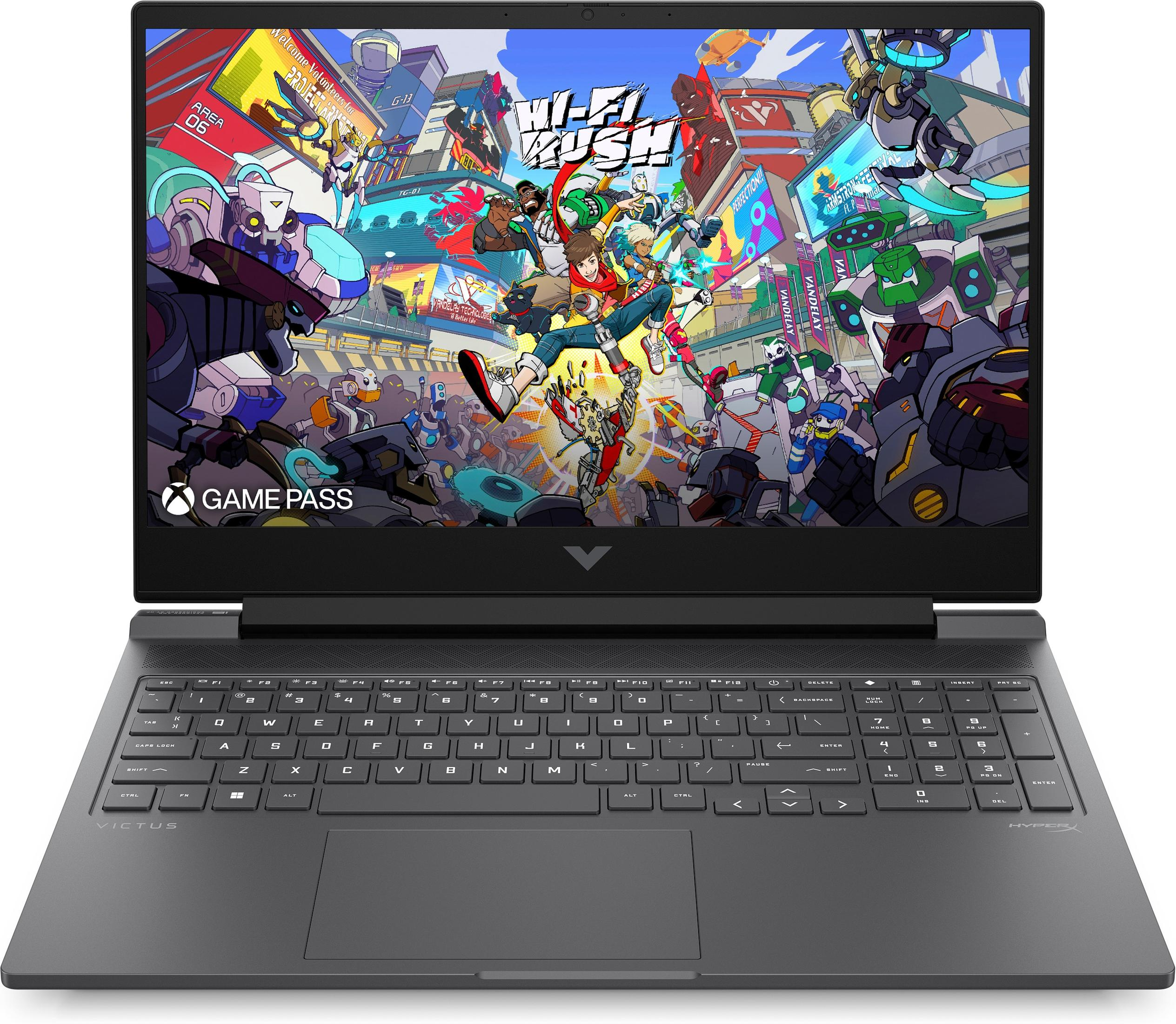 Laptop mit Hi-Fi Rush Spiel. Tastatur und Bildschirm im Fokus. Schwarzer Laptop auf weißem Grund.