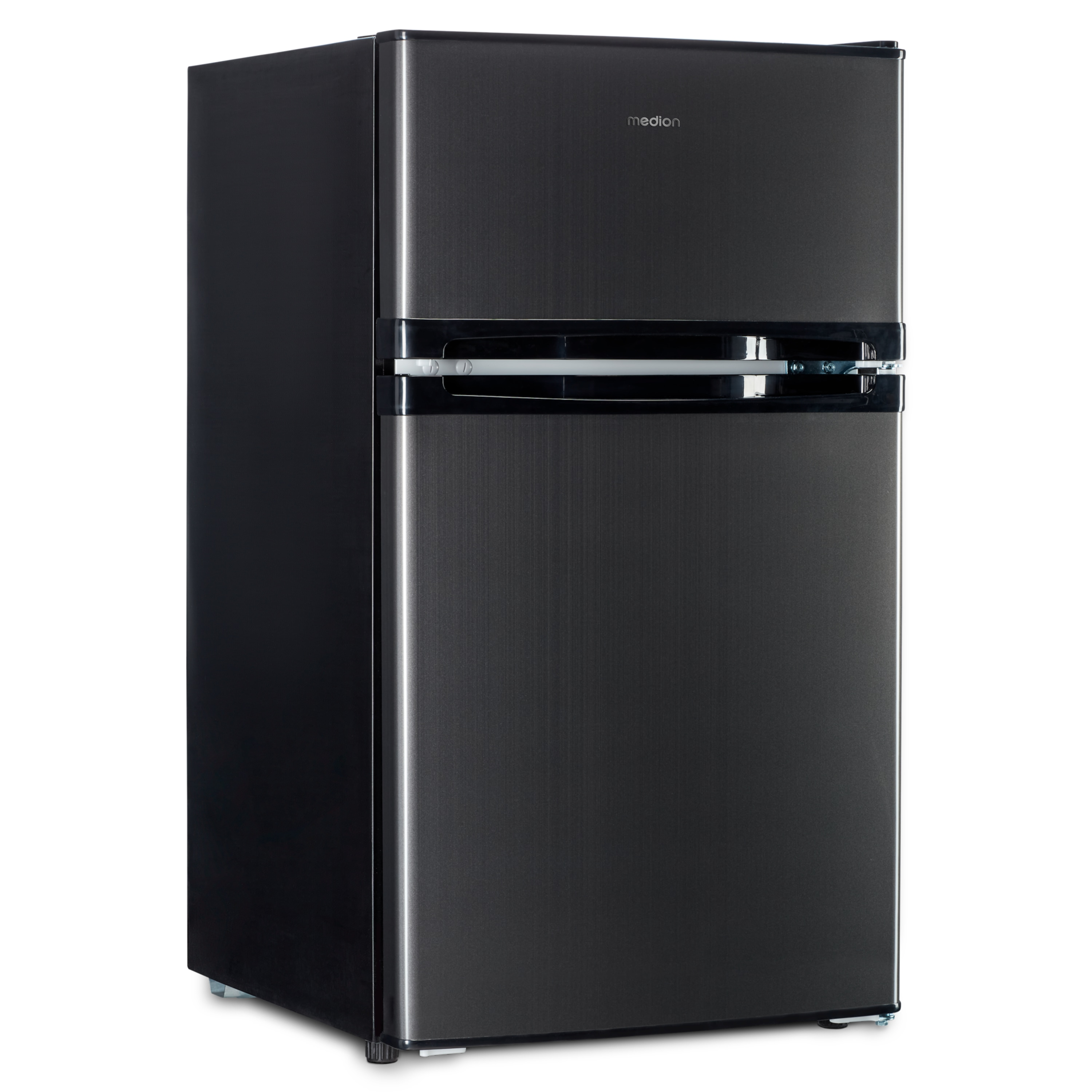 Black refrigerator with two doors. Medion logo is on the top door.