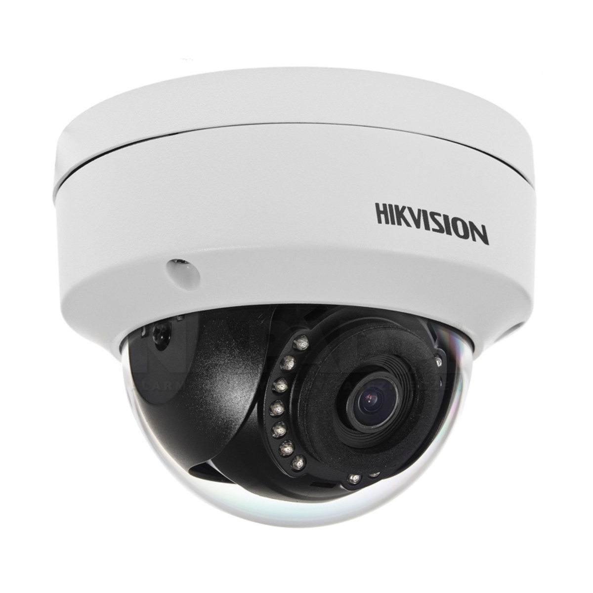 Telecamera di sicurezza Hikvision bianca. Ha una forma a cupola.