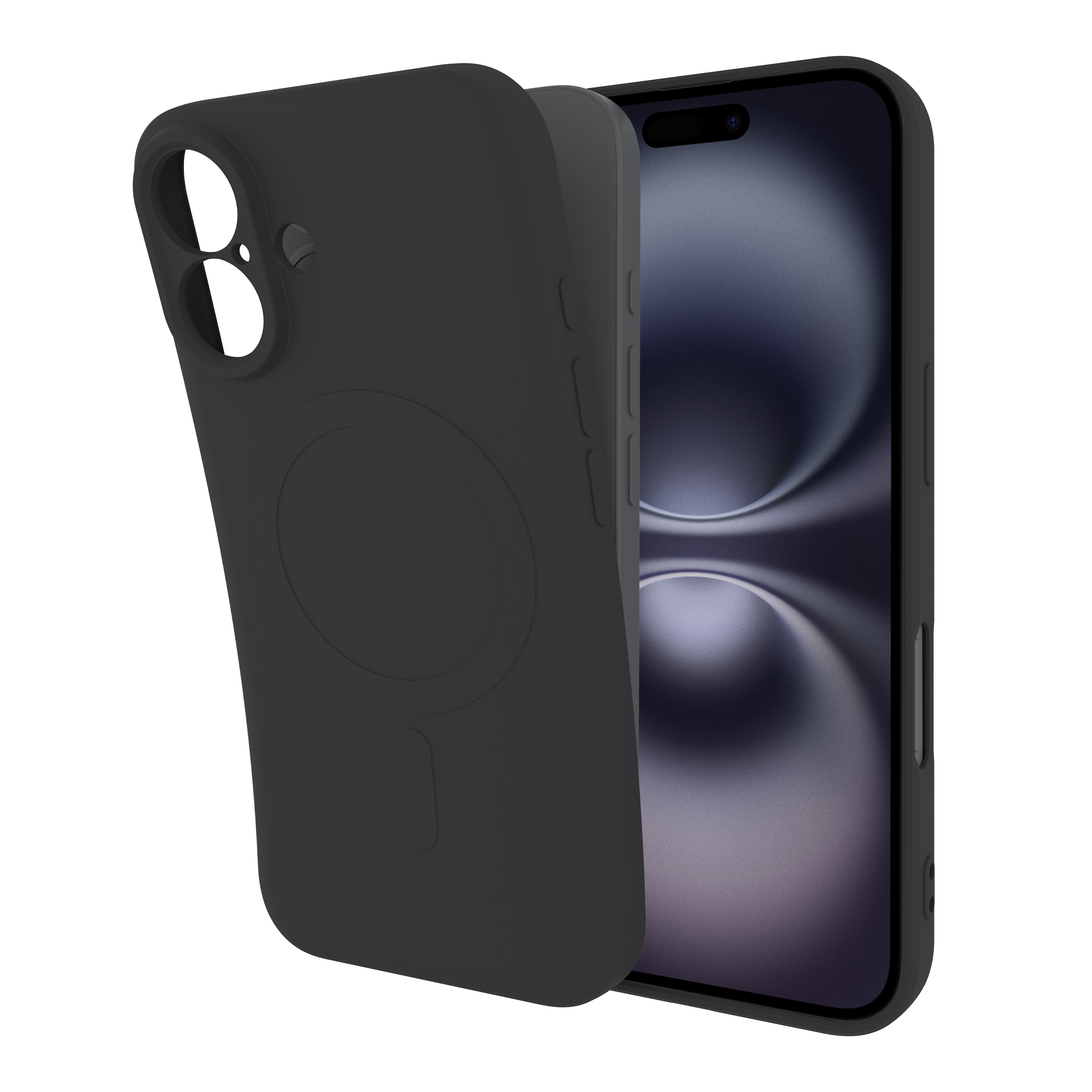 Eine schwarze Telefonhülle, mit teilweise eingelegtem Telefon, zeigt die Rückseite des Telefons.