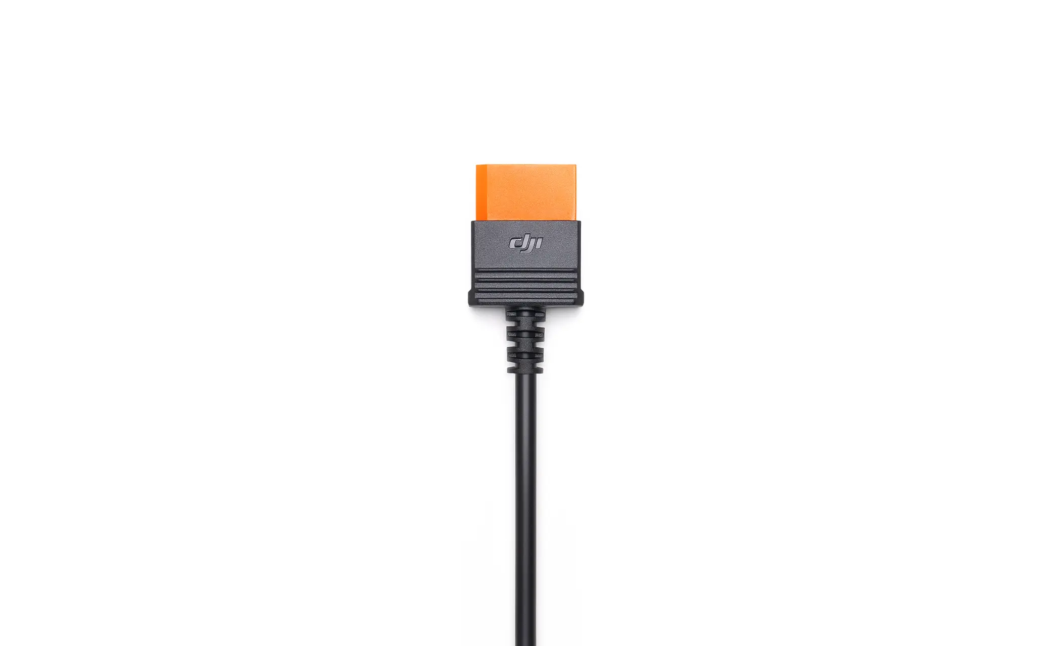 Schwarzes und oranges DJI Drohnenkabel. Der Stecker ist schwarz und orange.