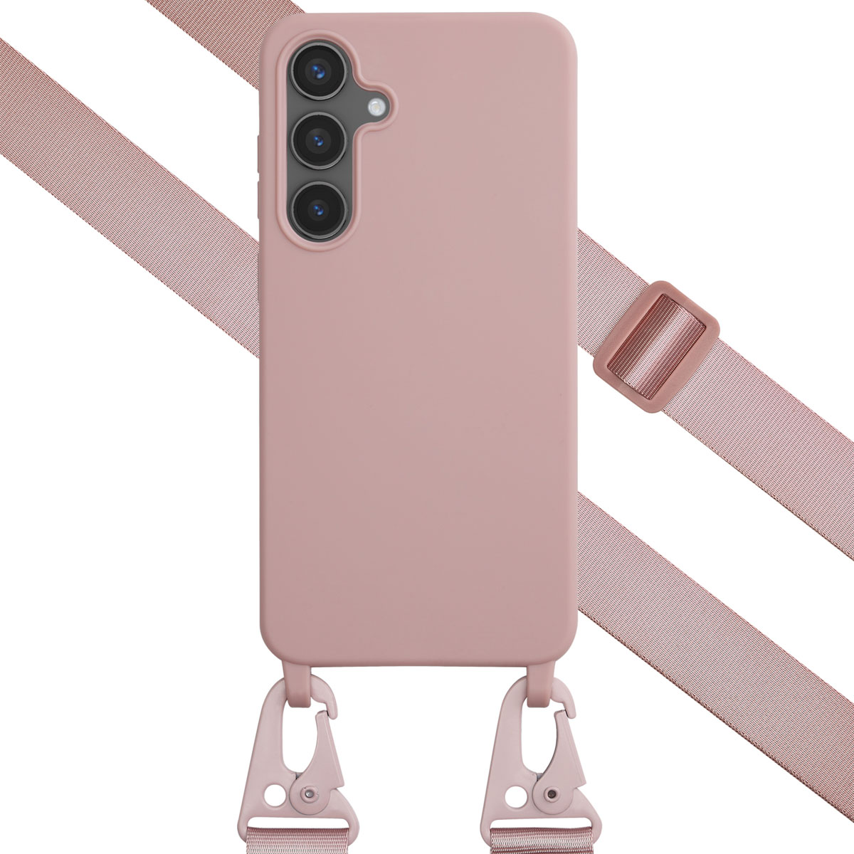 Roze telefoon met band en hoes met haken. Witte achtergrond.