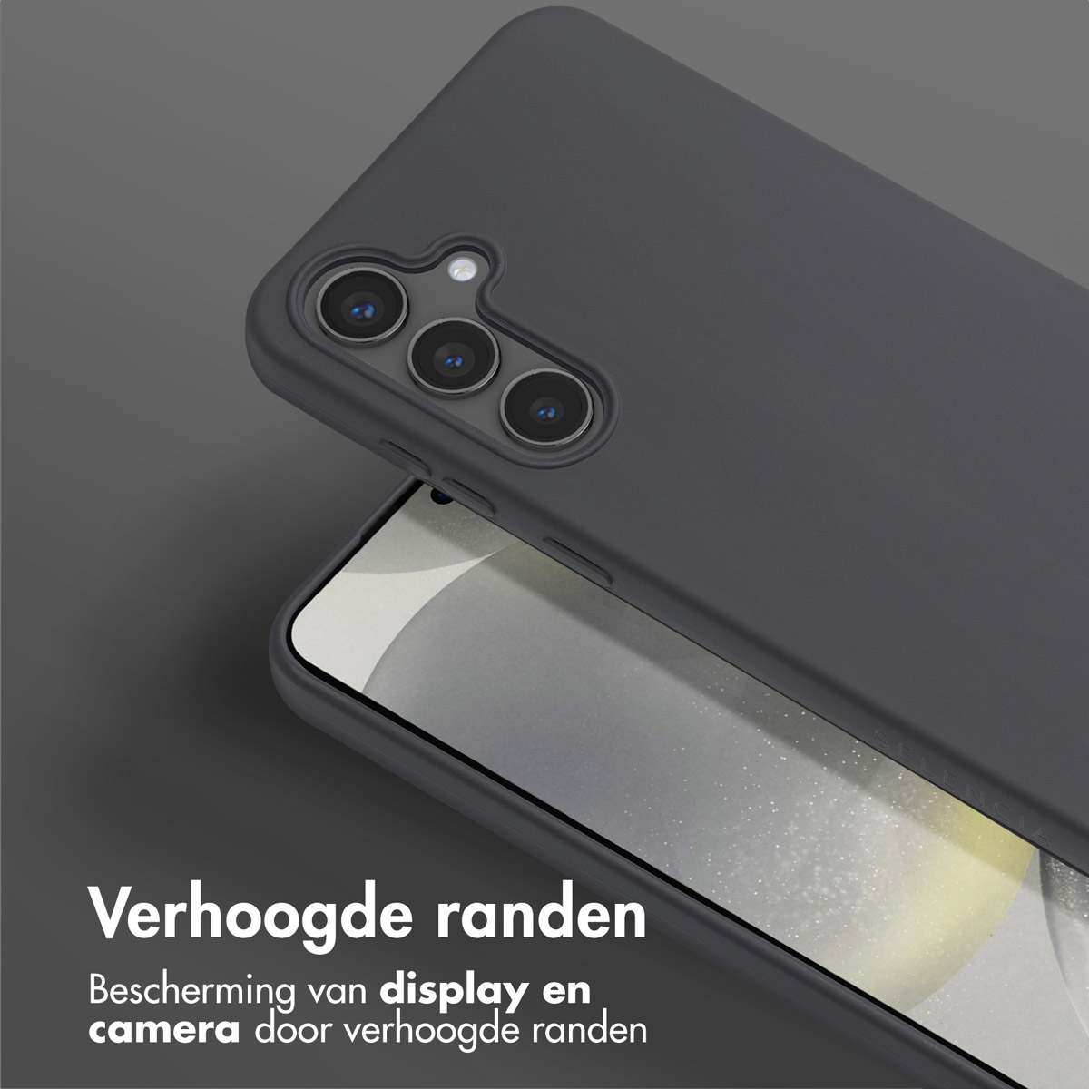 Een donkergrijze telefoonhoes met tekst, "Verhoogde randen". Een telefoon is gedeeltelijk zichtbaar.