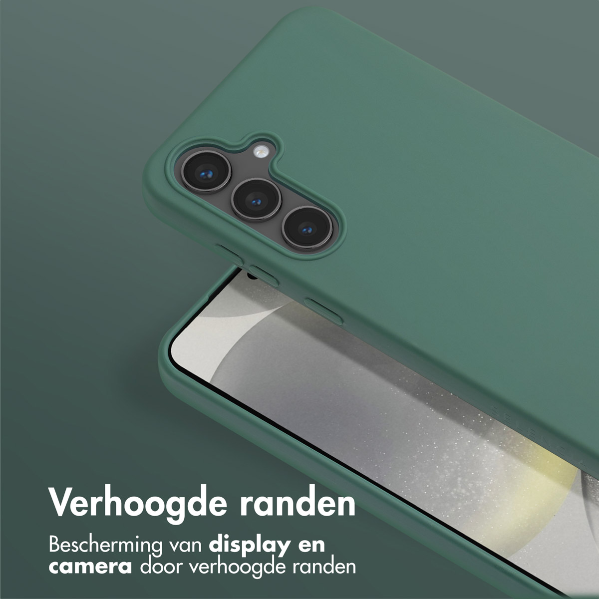 Een groene telefoonhoes met een verhoogde rand. Tekst geeft aan dat het het scherm en de camera beschermt.