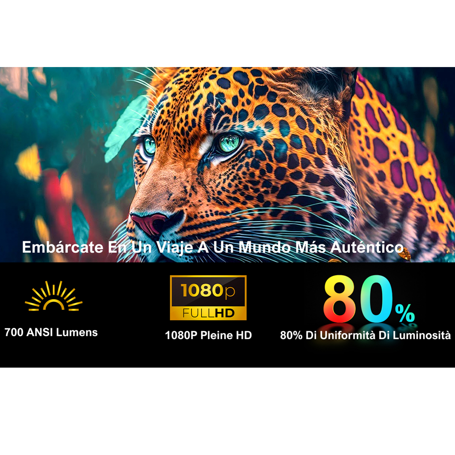 A close-up of a leopard face against a vibrant background, with text about a more authentic world.