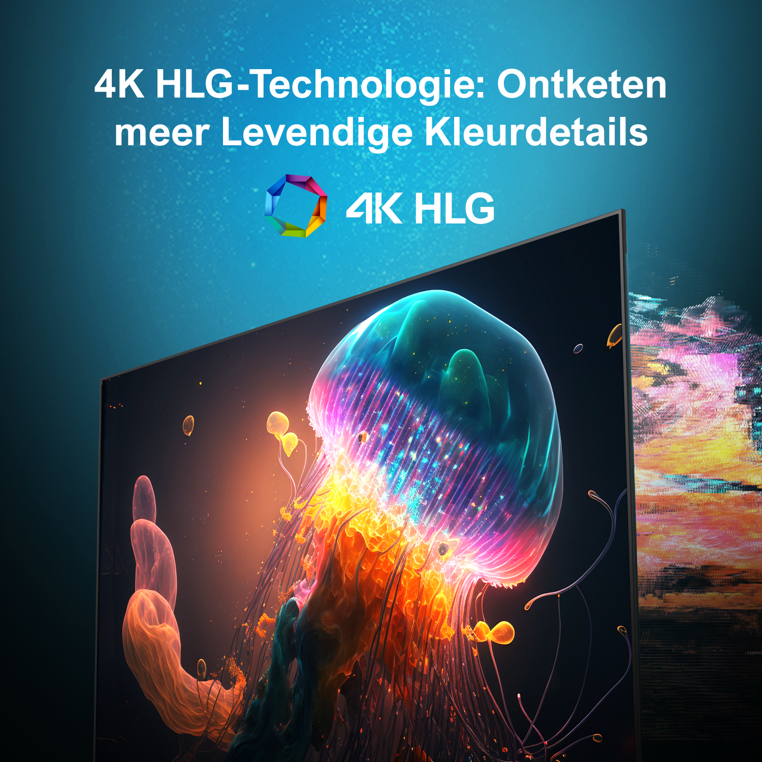 Une image de méduse sur un écran. Texte : 4K HLG-Technologie : Libérez des détails de couleurs plus vives.