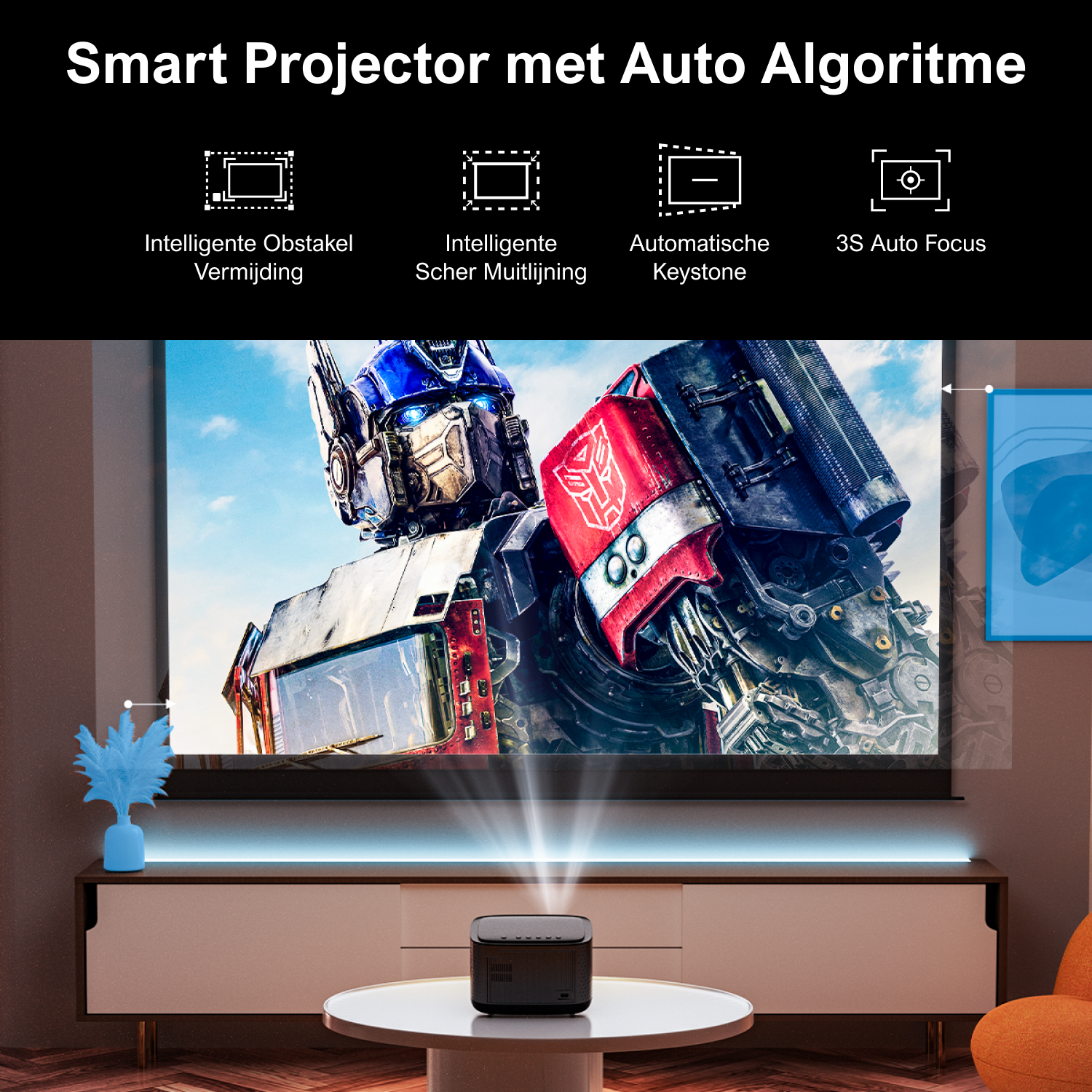 Un projecteur intelligent projetant une image d'Optimus Prime. L'image est affichée sur un écran avec éclairage bleu.