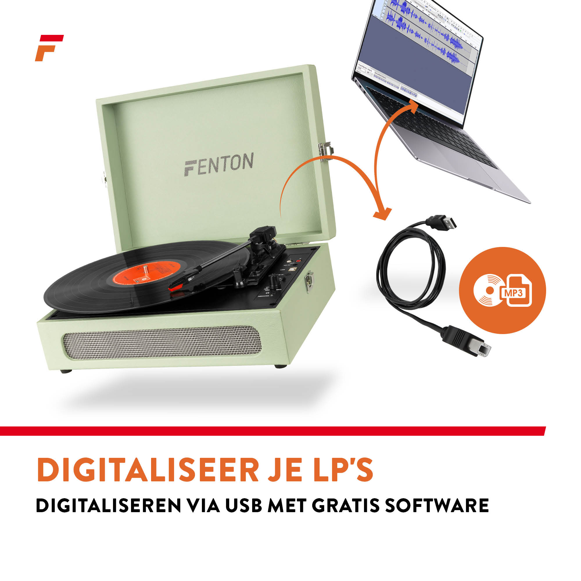 Un tocadiscos conectado a un portátil, con un CD MP3 y un cable USB, con texto para digitalización.