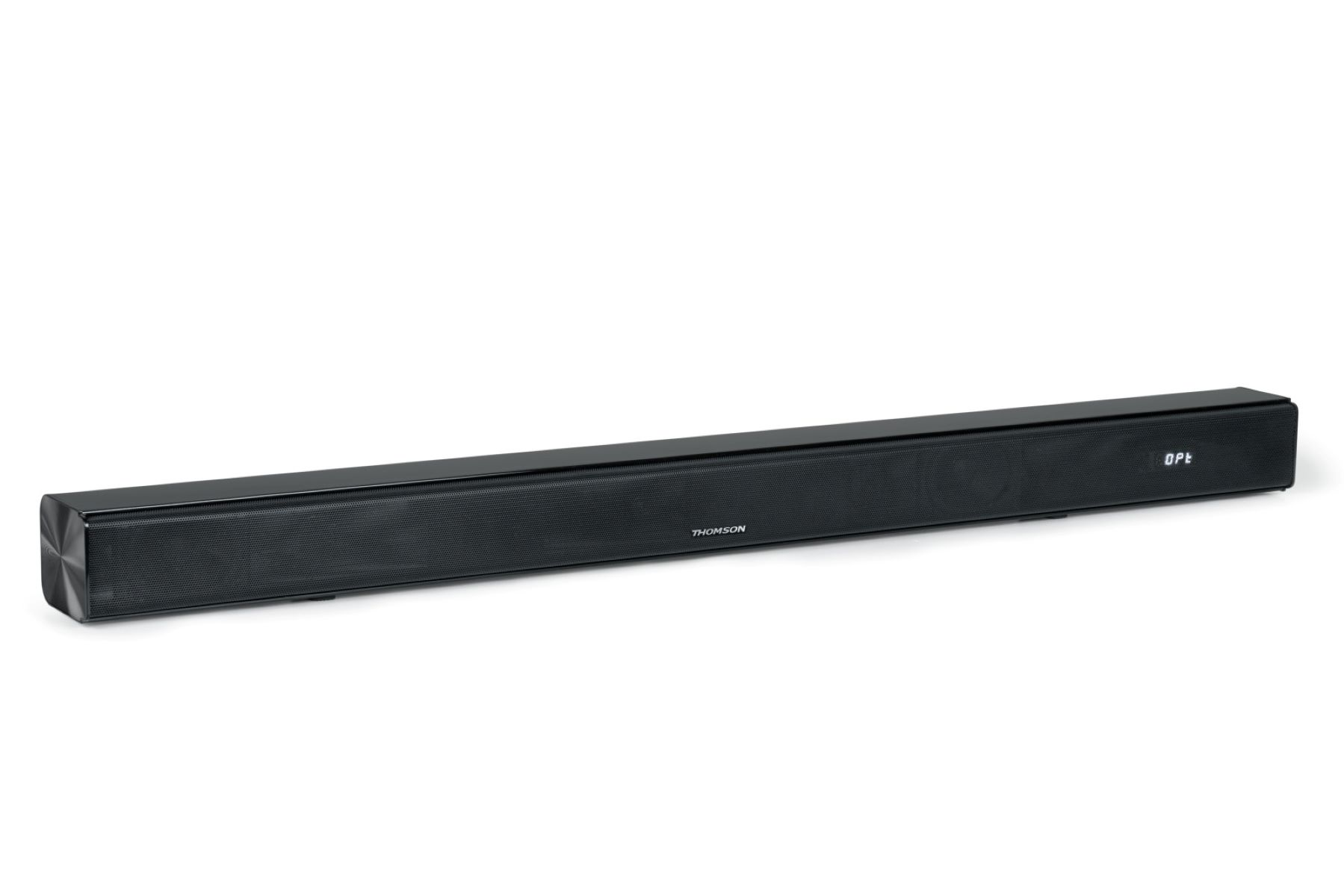 Czarny soundbar Thomson. Prostokątny kształt, z logo Thomson.
