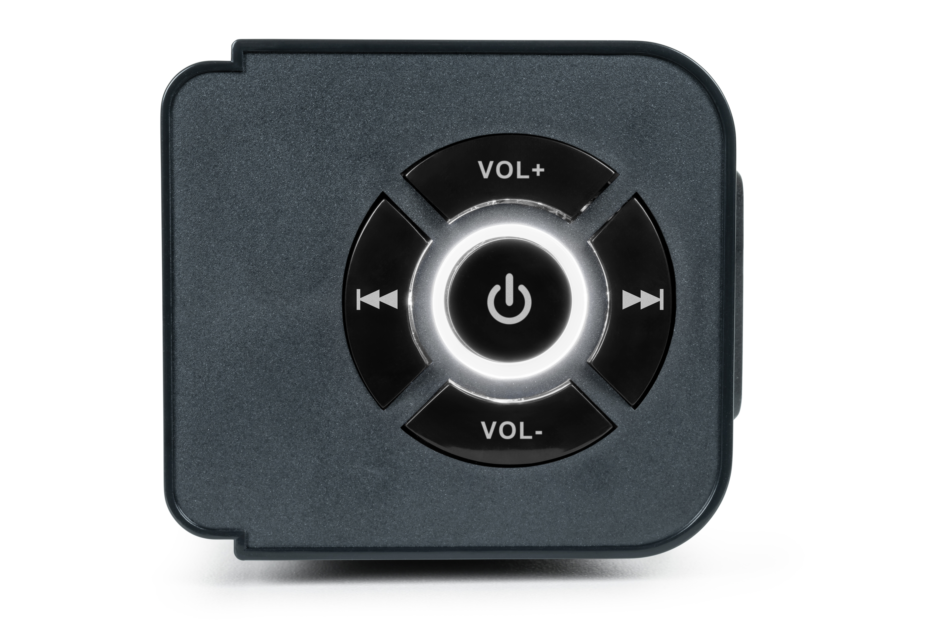 Czarny panel sterowania z centralnym przyciskiem zasilania, głośności i przyciskami nawigacji.