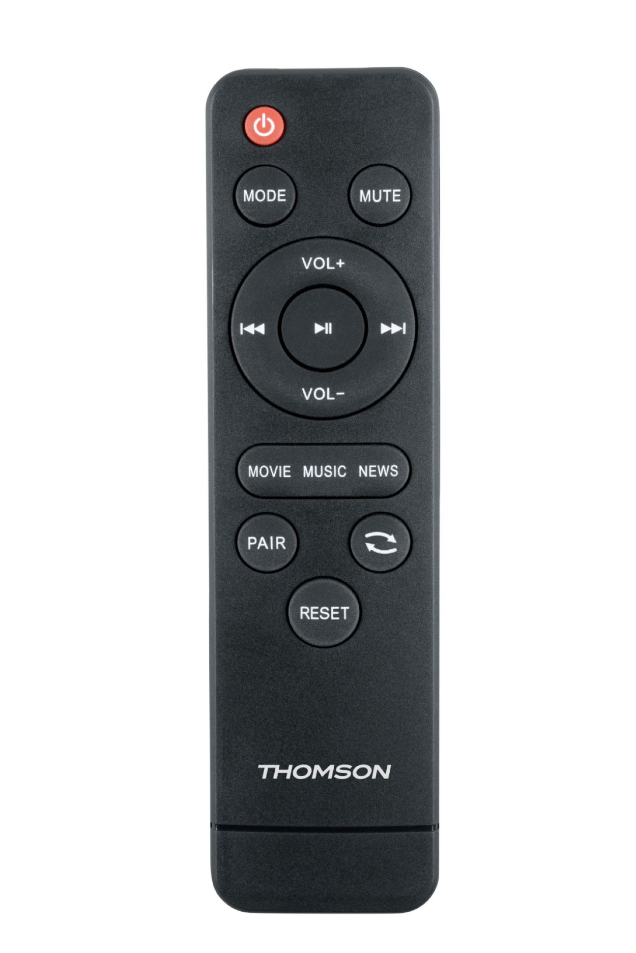 Czarny pilot z wieloma przyciskami. Przyciski są oznaczone funkcjami, takimi jak głośność i tryb.