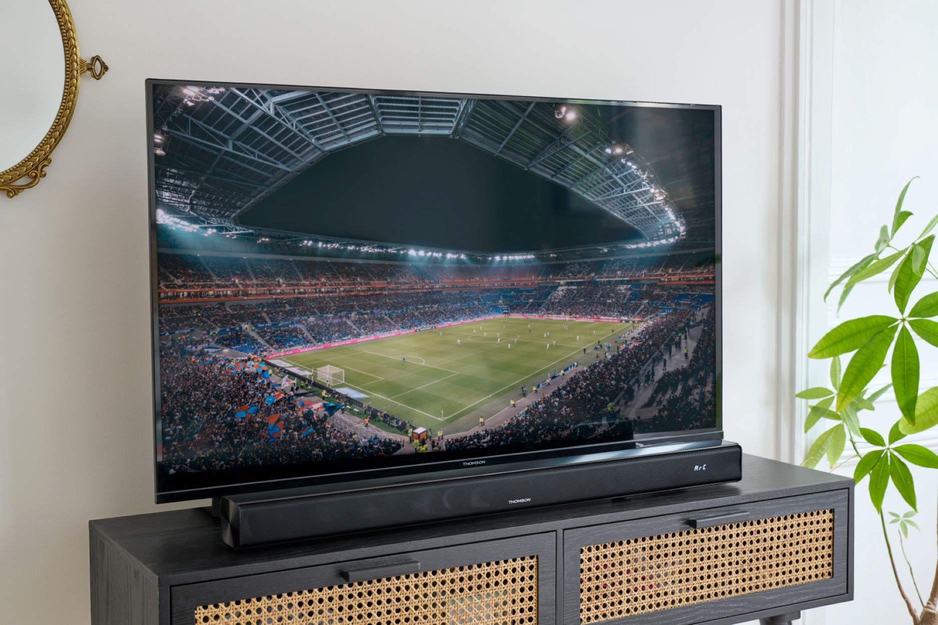 Telewizor wyświetlający mecz piłki nożnej, listwa dźwiękowa poniżej. Lustro i roślina.