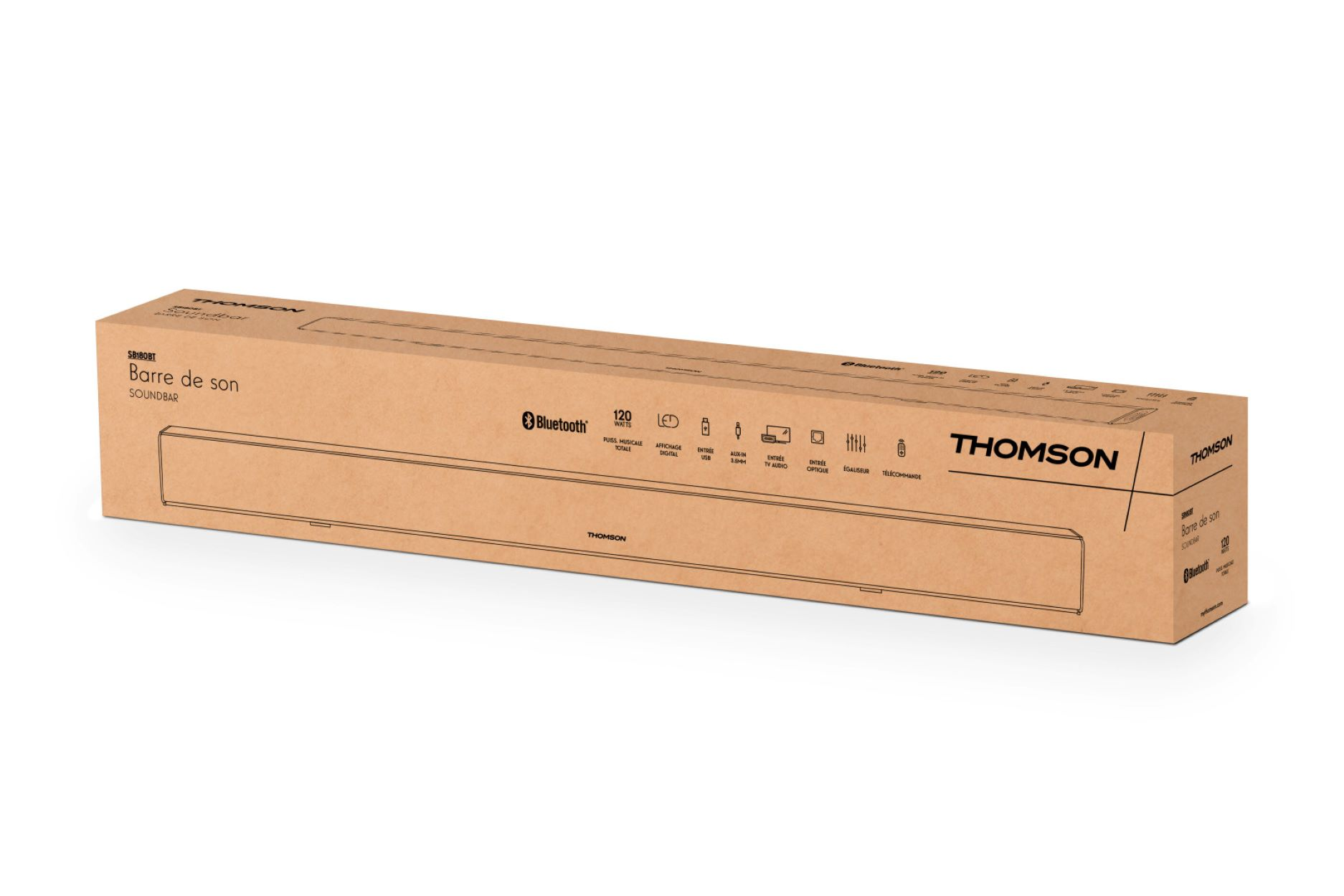 Soundbar Thomson w pudełku, brązowy karton z tekstem i ikonami na białym tle.