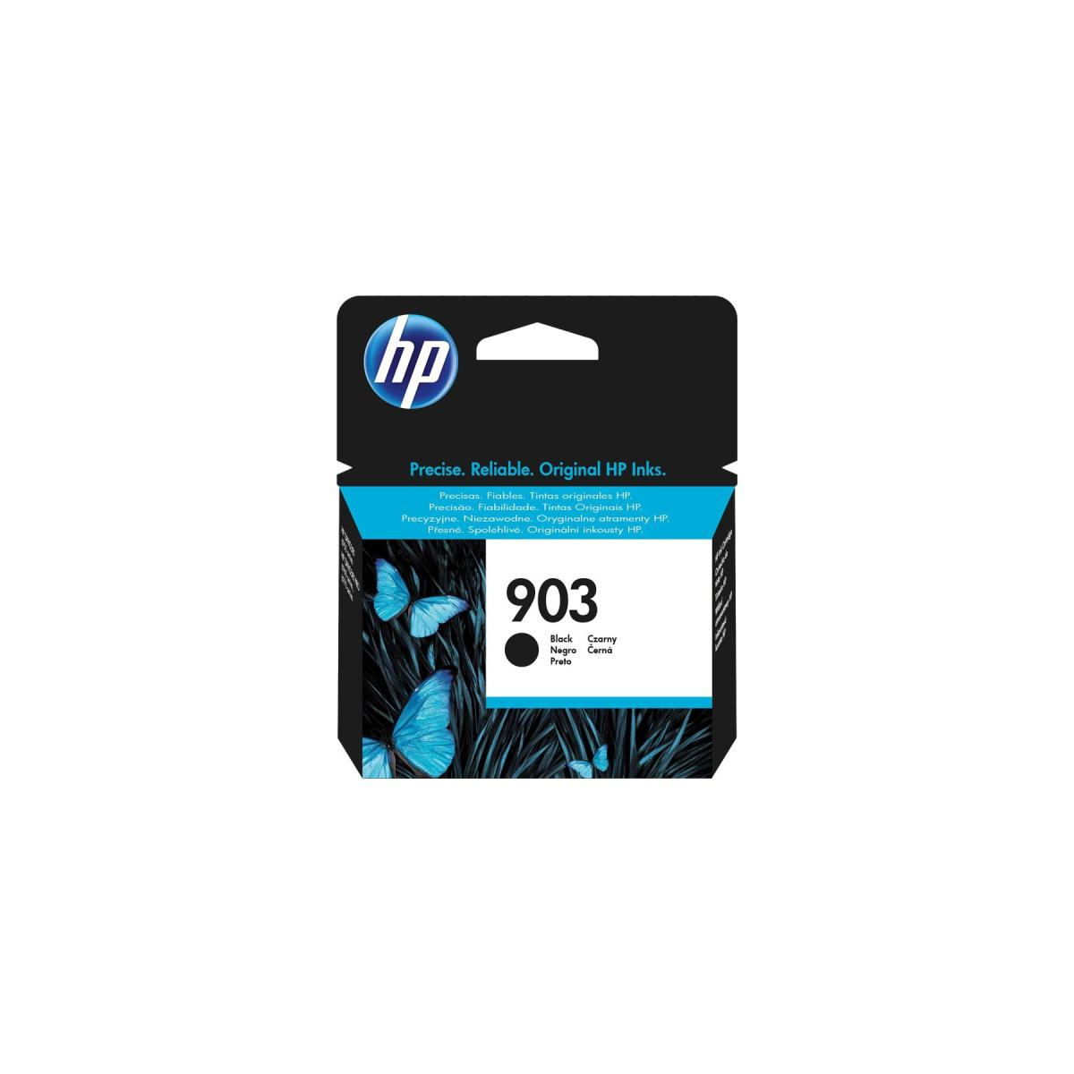 Eine HP 903 Tintenpatronenverpackung. Schmetterlinge auf der Verpackung, schwarze Tinte. Das HP-Logo oben.