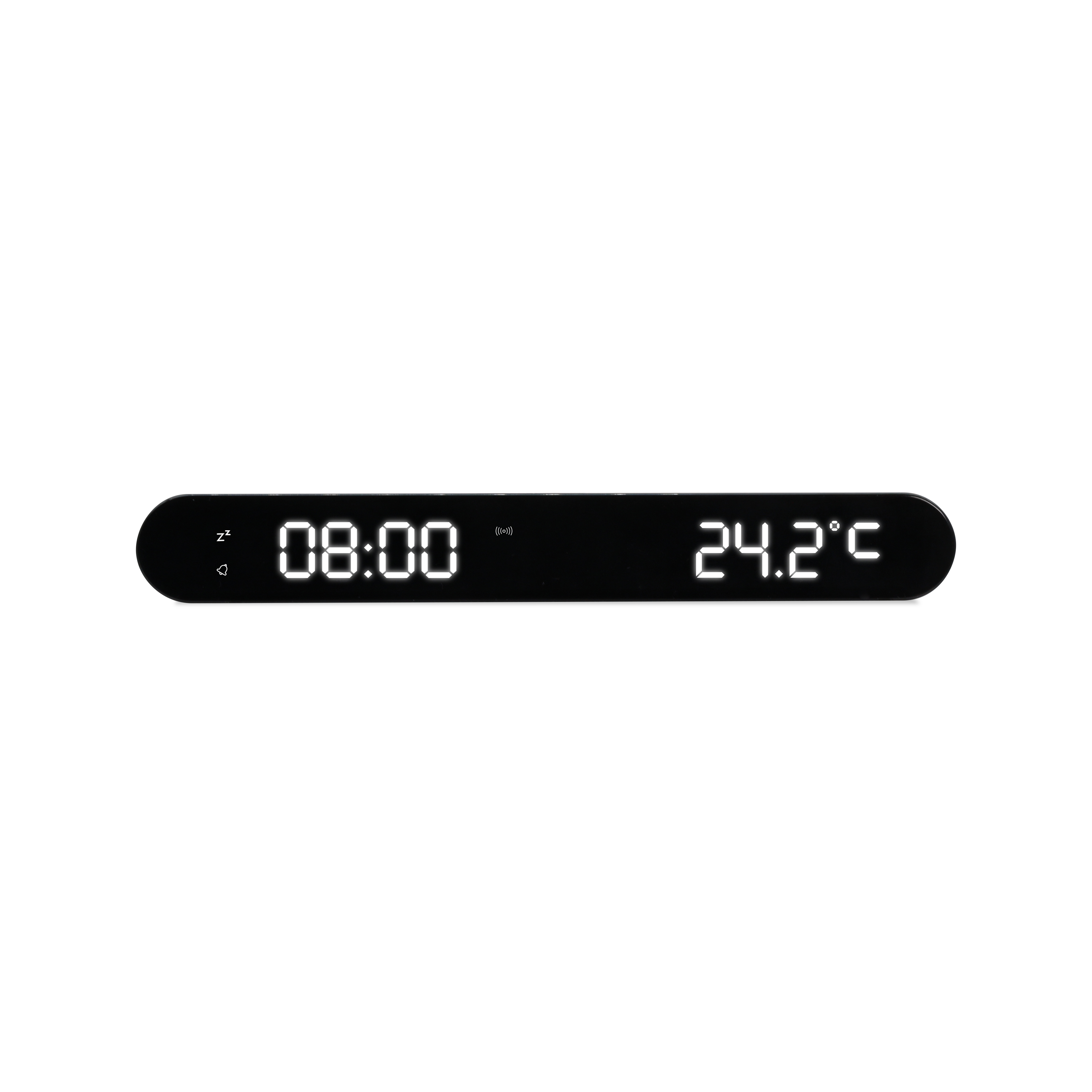Reloj digital negro que muestra la hora 08:00 y la temperatura 24,2°C.
