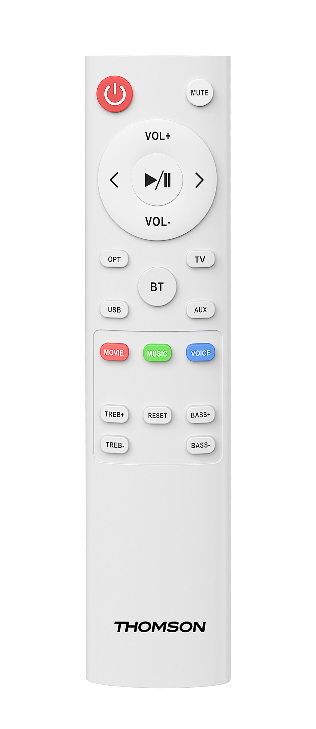 Biały pilot z czerwonym przyciskiem zasilania, panelem kierunkowym i przyciskami funkcyjnymi.