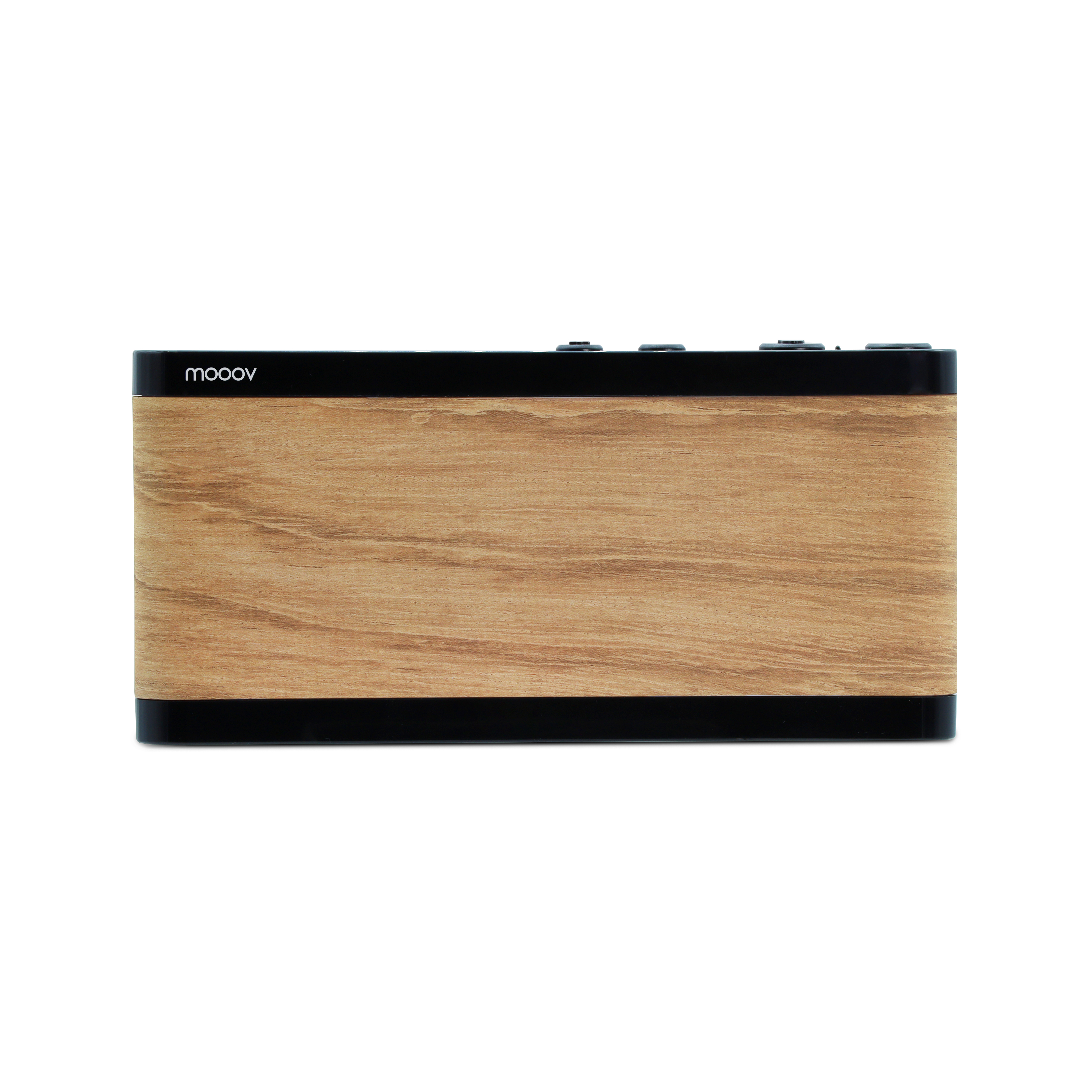 Un altavoz rectangular con frente de vetas de madera y bordes superior e inferior negros.