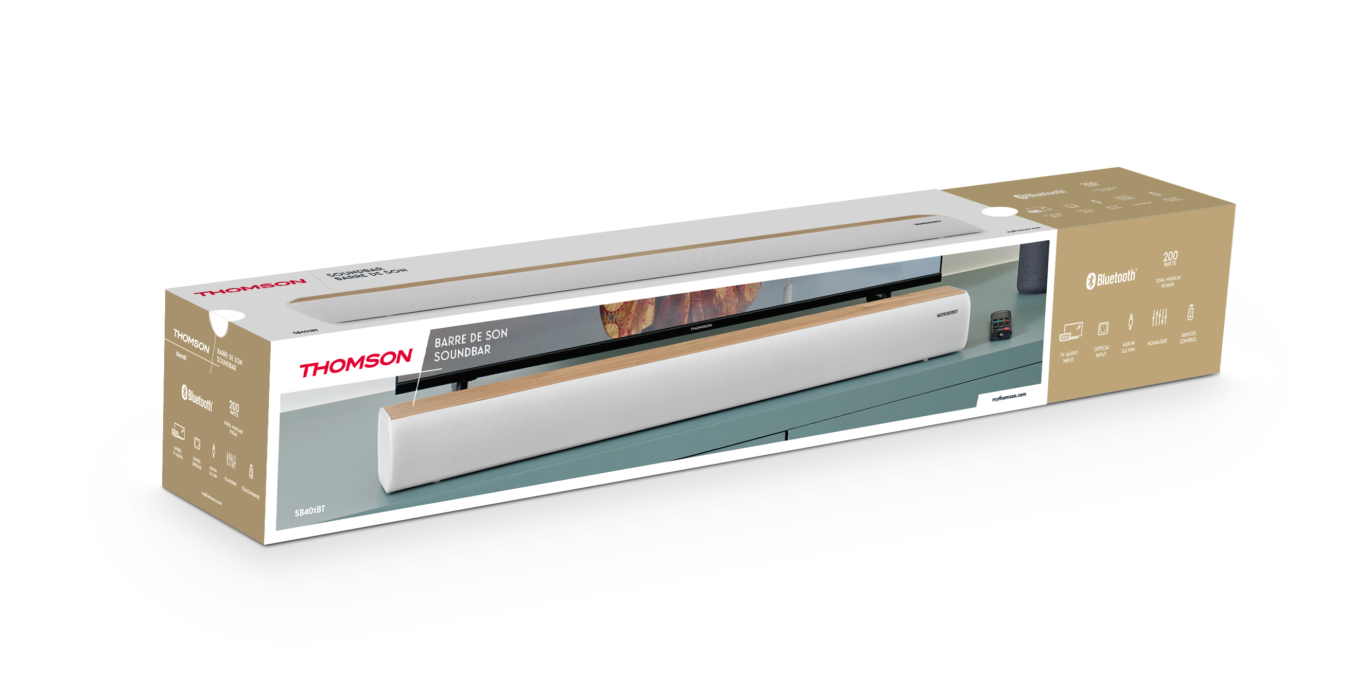 Soundbar Thomson w pudełku. Pudełko ma obraz soundbara i szczegóły produktu po bokach.