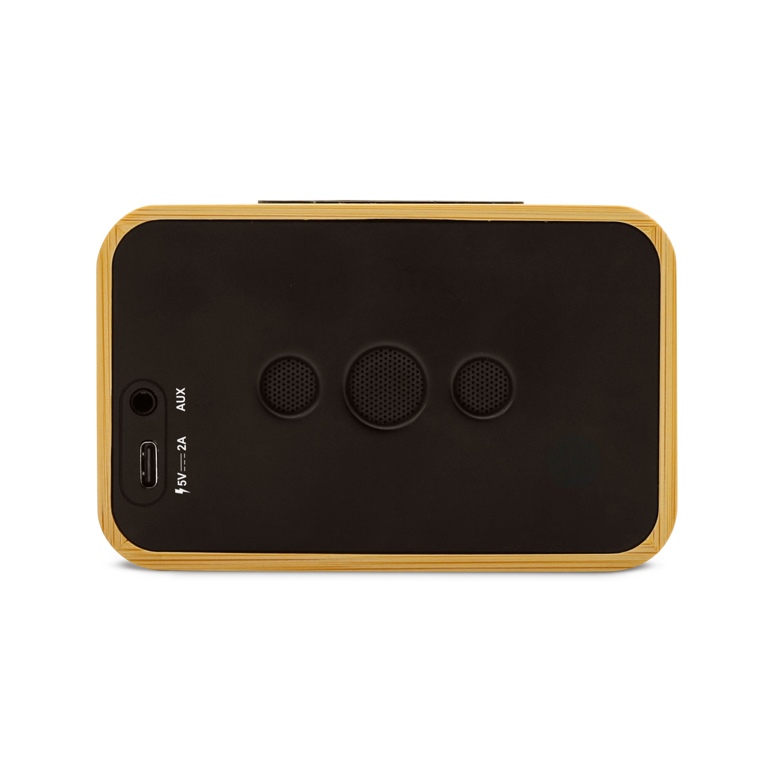 Altavoz rectangular pequeño, con frente negro y marco tipo bambú.