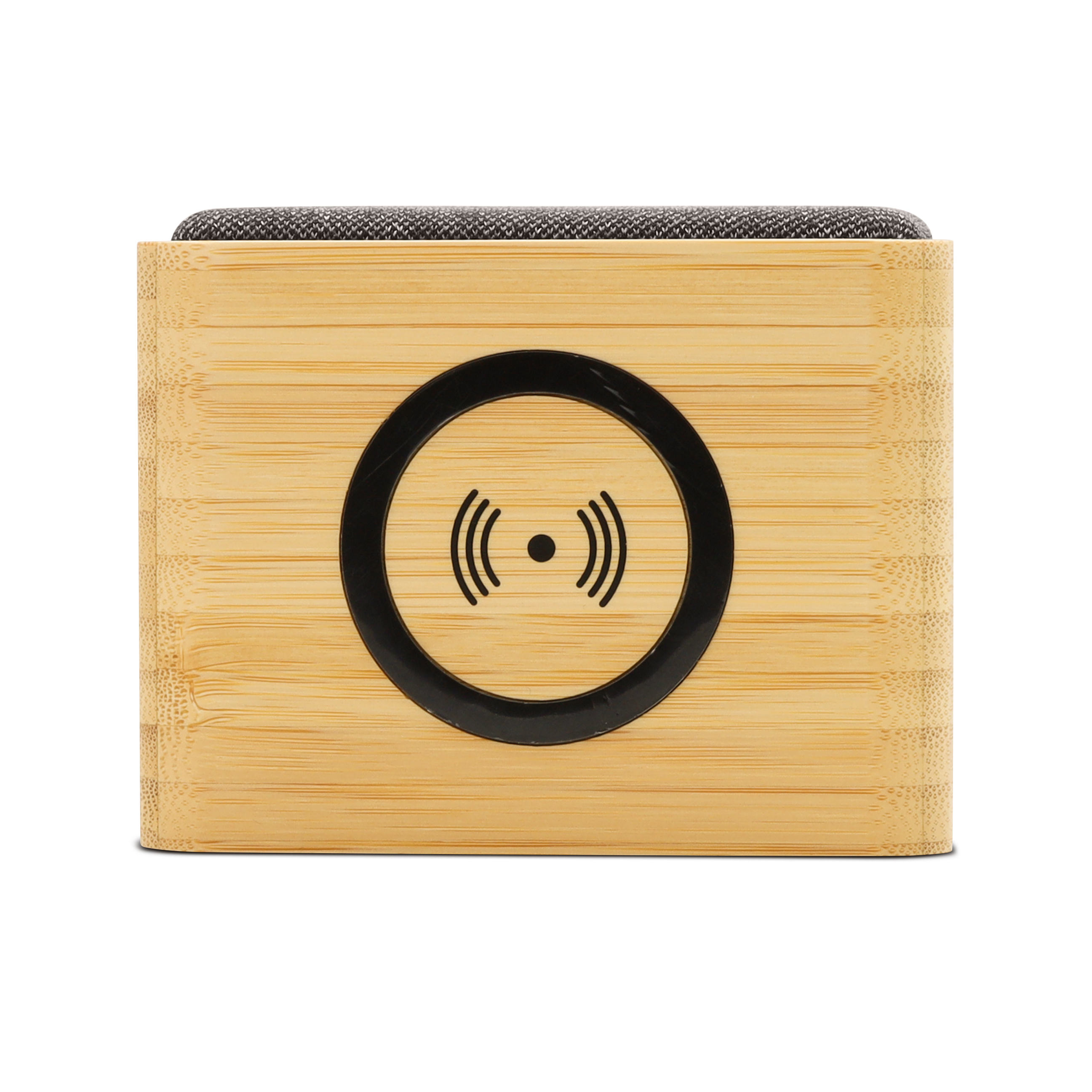 Cargador inalámbrico de madera con un círculo negro central que indica carga inalámbrica.