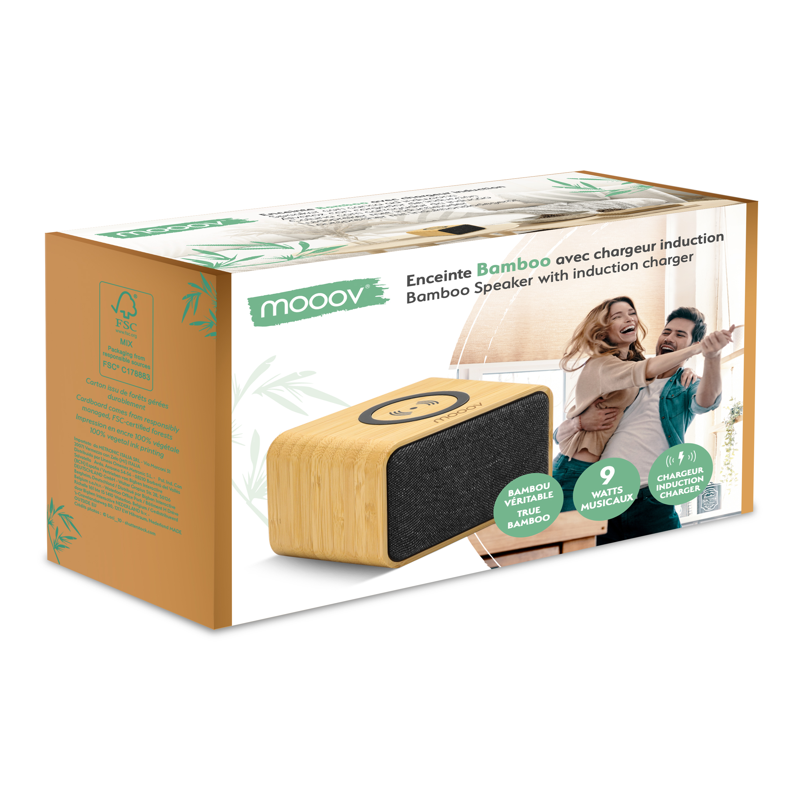 Caja con altavoz de bambú. Muestra pareja bailando y el altavoz.