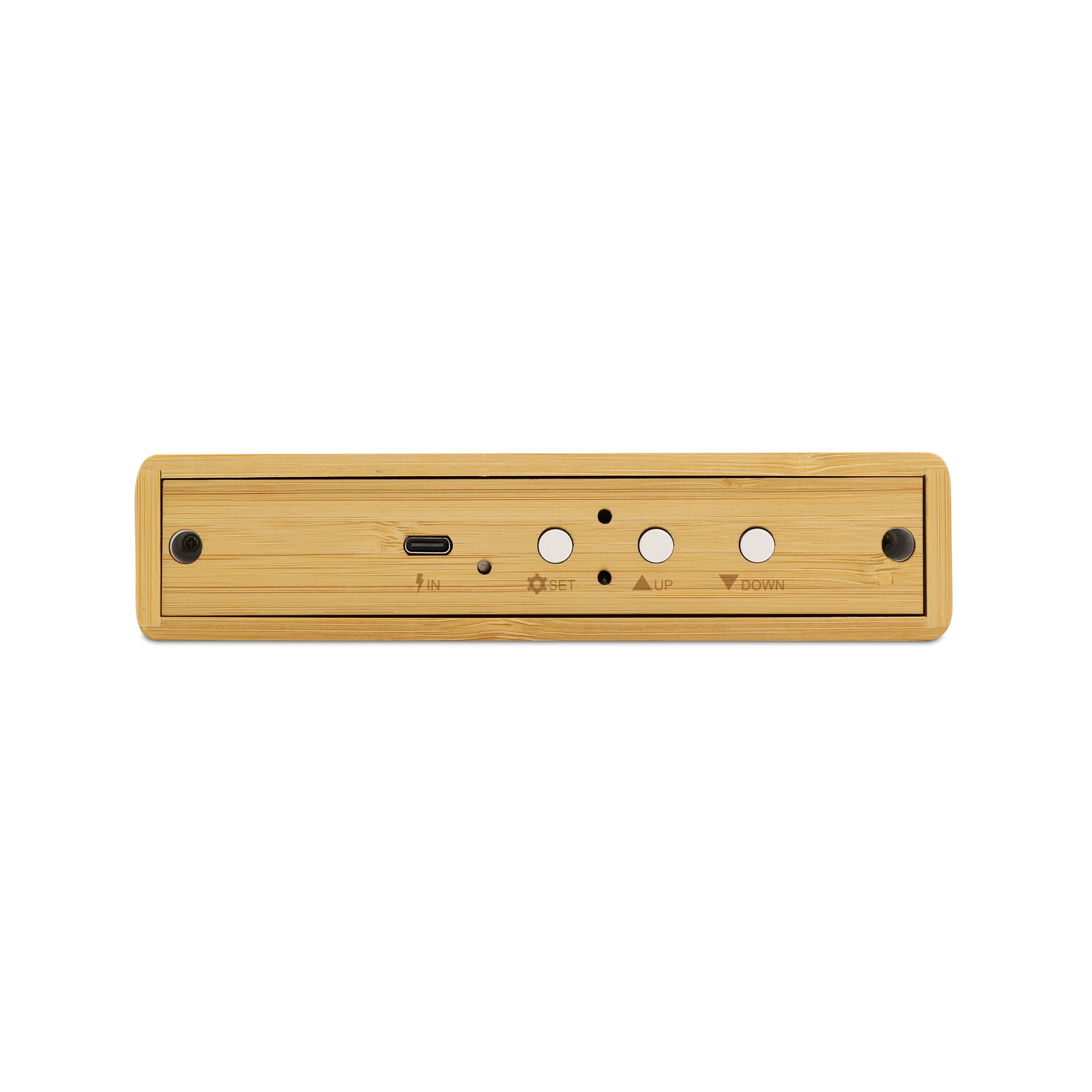 Un panel de control de madera con botones etiquetados 'IN', 'SET', 'UP' y 'DOWN'.