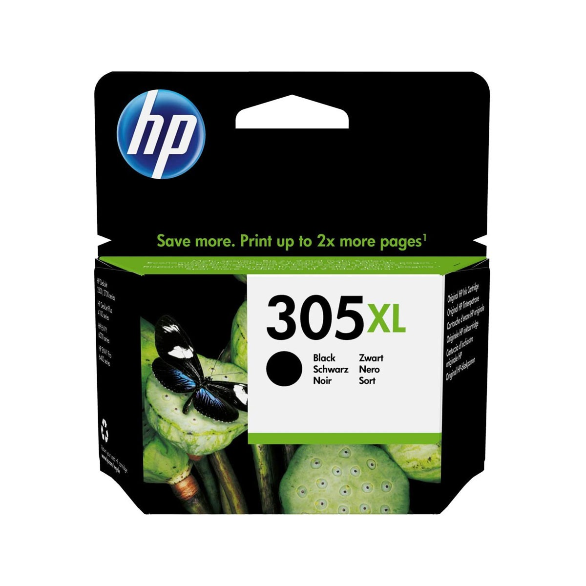 Una scatola di cartucce d'inchiostro HP 305XL nera e verde. Una farfalla è posata su un fiore di loto nell'immagine.