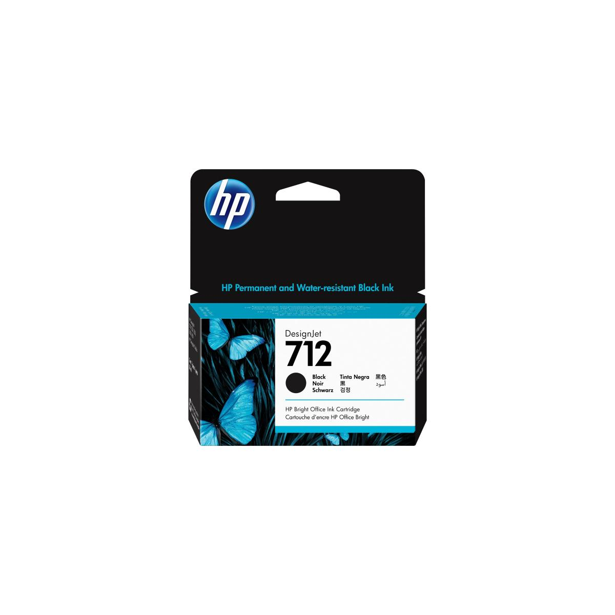HP inktcartridge doos. Zwarte doos met HP logo. Blauwe vlinderontwerp. Witte achtergrond.