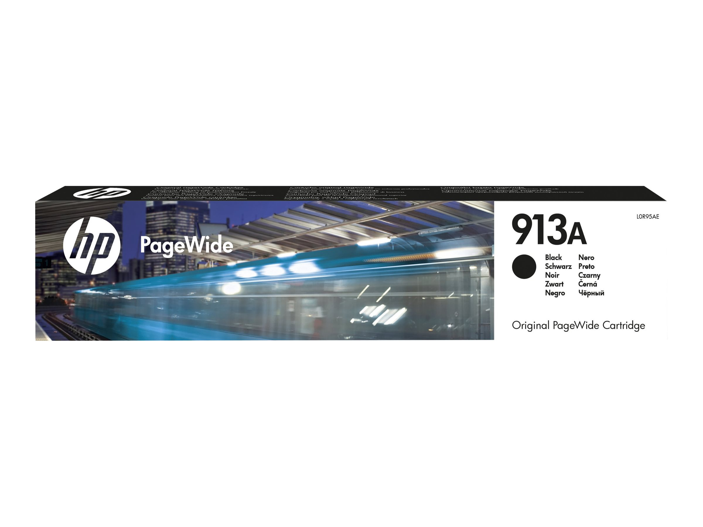 HP Pagewide Druckerpatronenbox mit Zugbild. Text lautet '913A' und Farboptionen.