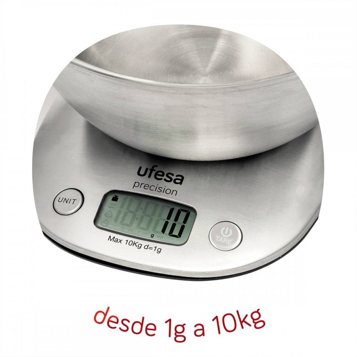 Bilancia di precisione Ufesa con display digitale che mostra 10000. Testo 'desde 1g a 10kg' sotto.