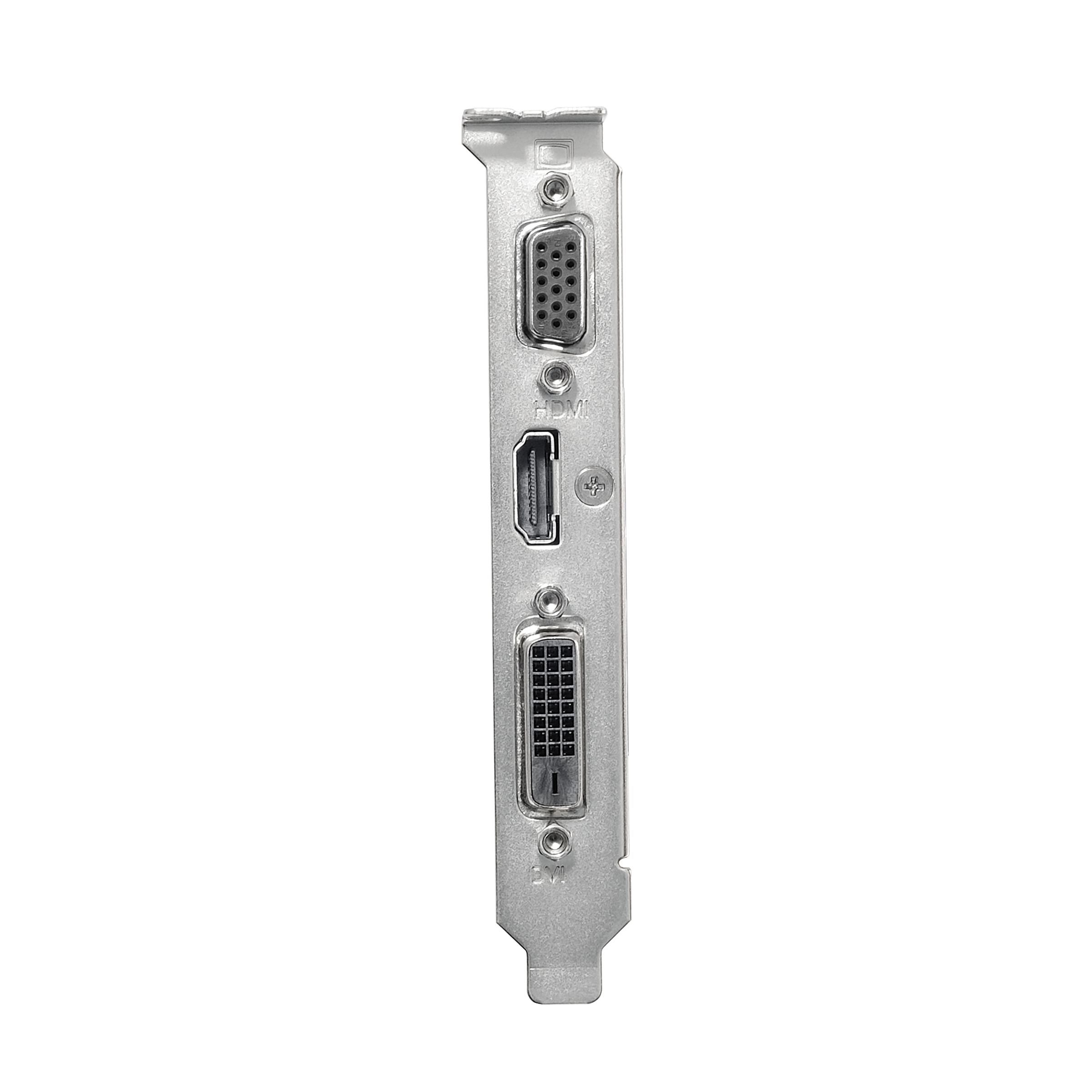 Una scheda grafica per computer argentata con tre diversi tipi di porte: VGA, HDMI e DVI.