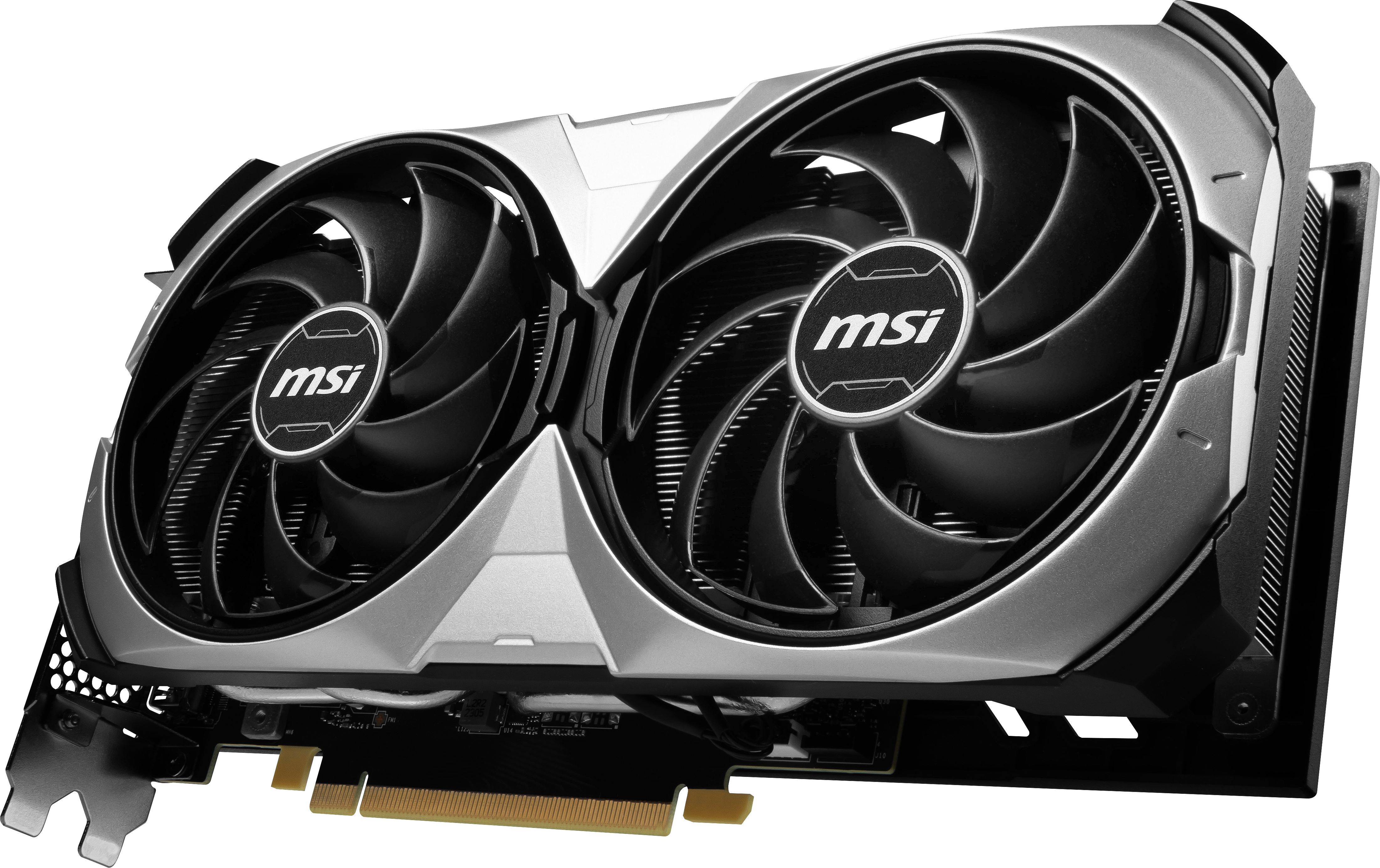 Tarjeta gráfica MSI con dos ventiladores y diseño plateado y negro, sobre fondo blanco.