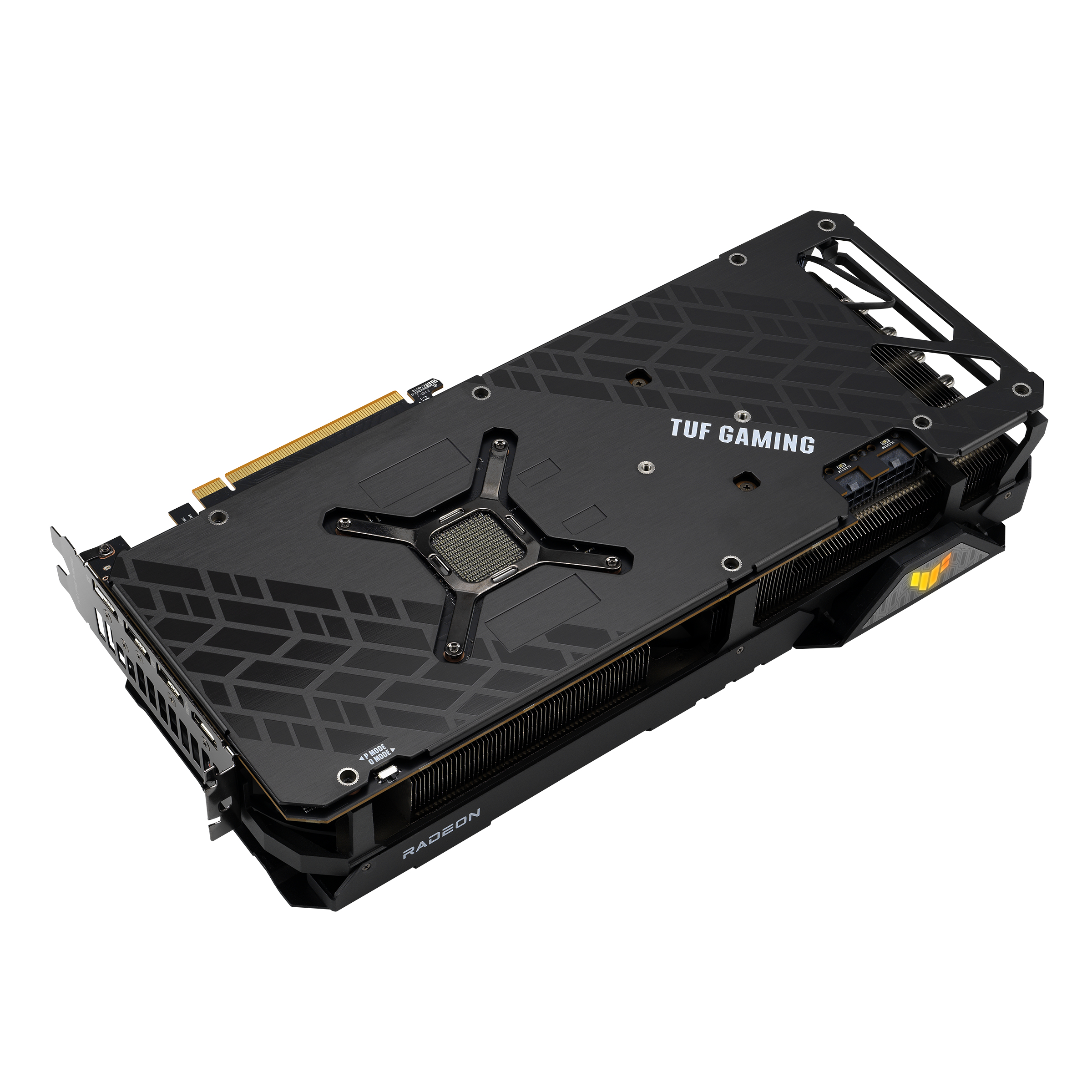 Eine schwarz-silberne Grafikkarte mit der Aufschrift 'TUF GAMING' und 'RADEON'.
