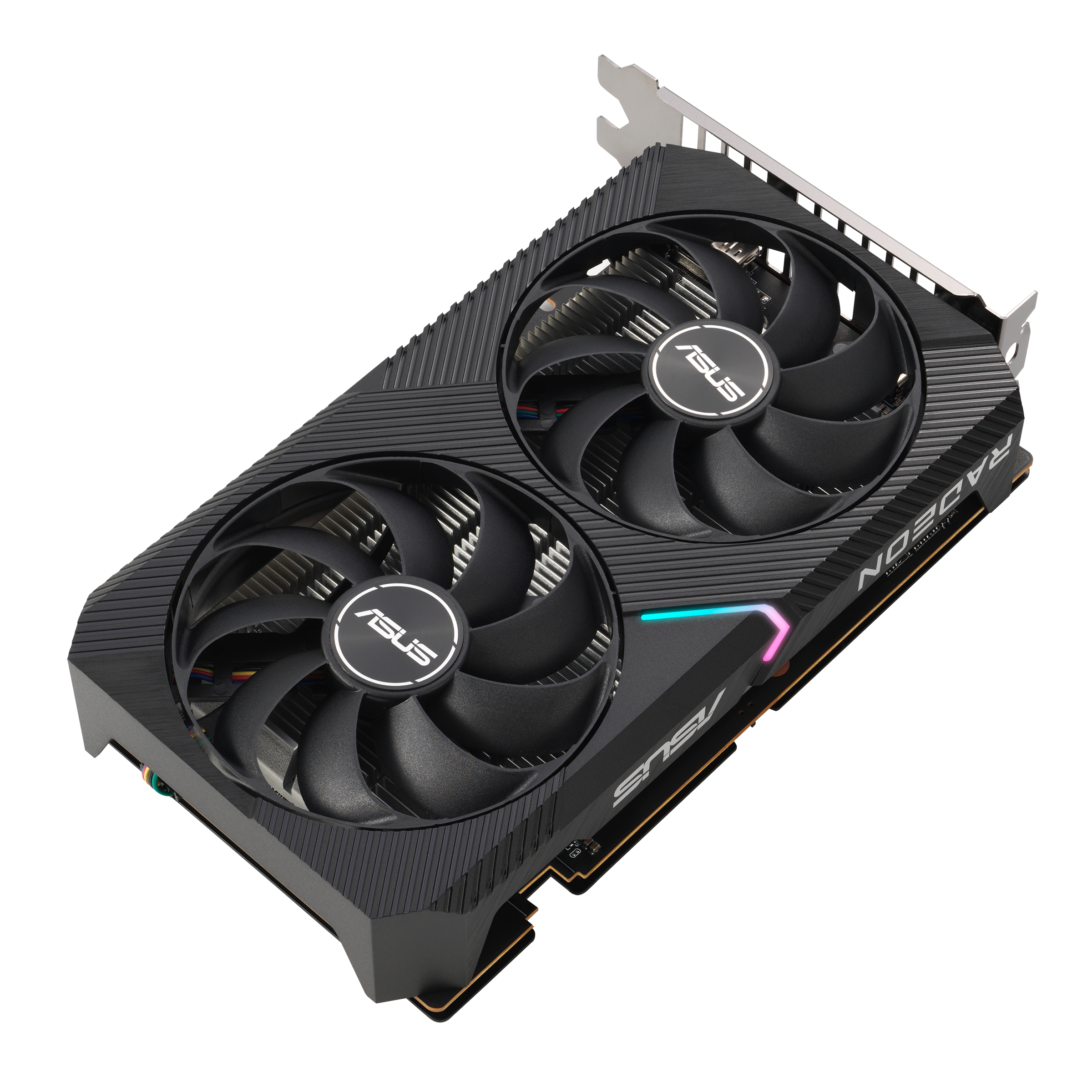 Scheda grafica nera con due ventole, logo ASUS ed etichetta Radeon, isolata.